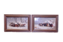 Pair of Winter Horse Sleigh Scenes by Jan Wolski, Oil on Panel
