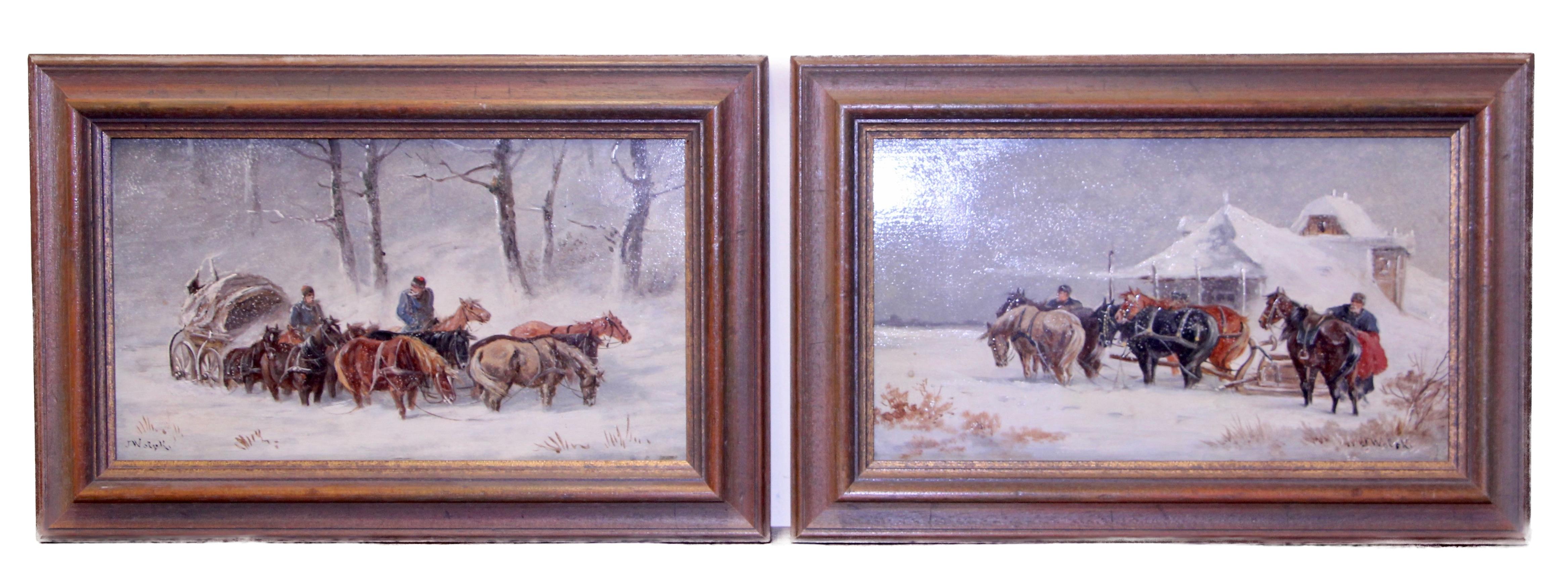 Ein Paar Winterpferd-Schlittenszenen von Jan Wolski, Öl auf Holz