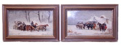 Pareja de escenas invernales en trineo de caballos de Jan Wolski, óleo sobre tabla