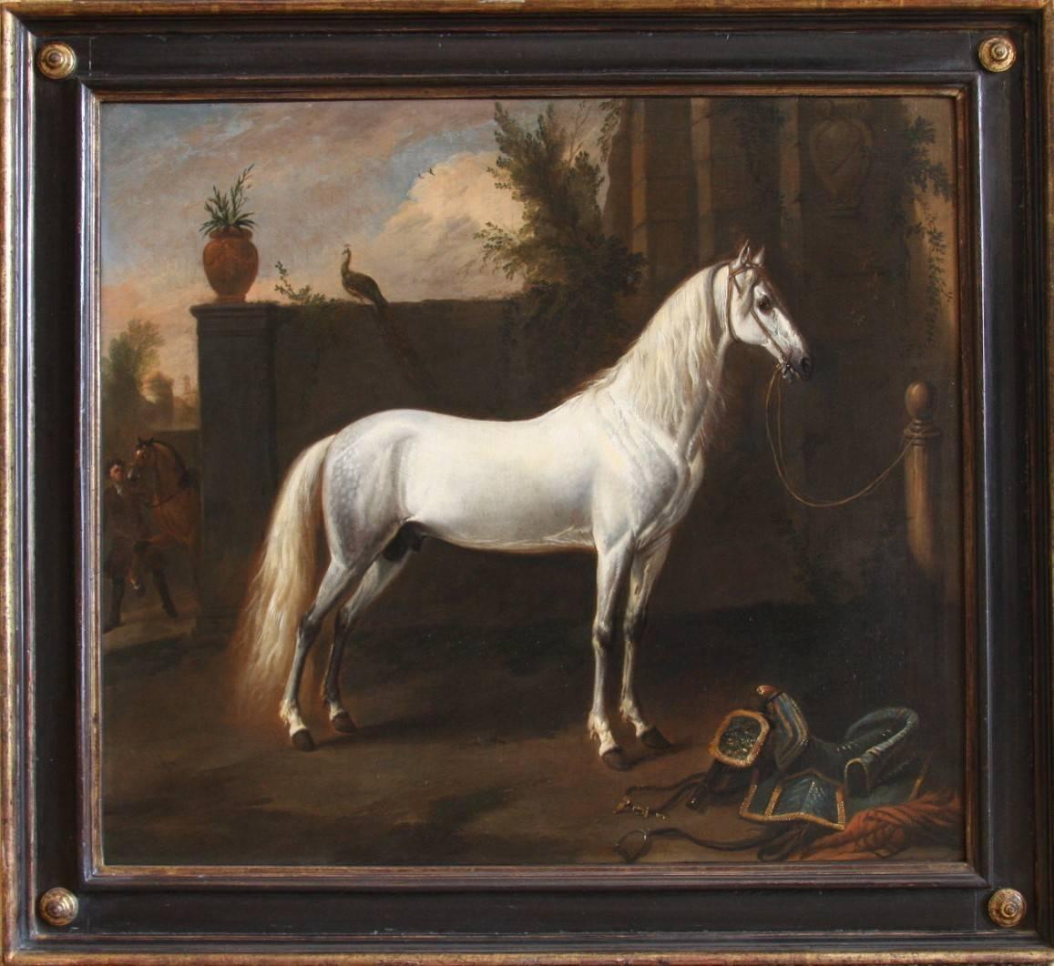 Peinture à l'huile du 17ème siècle représentant un magnifique cheval arabe gris