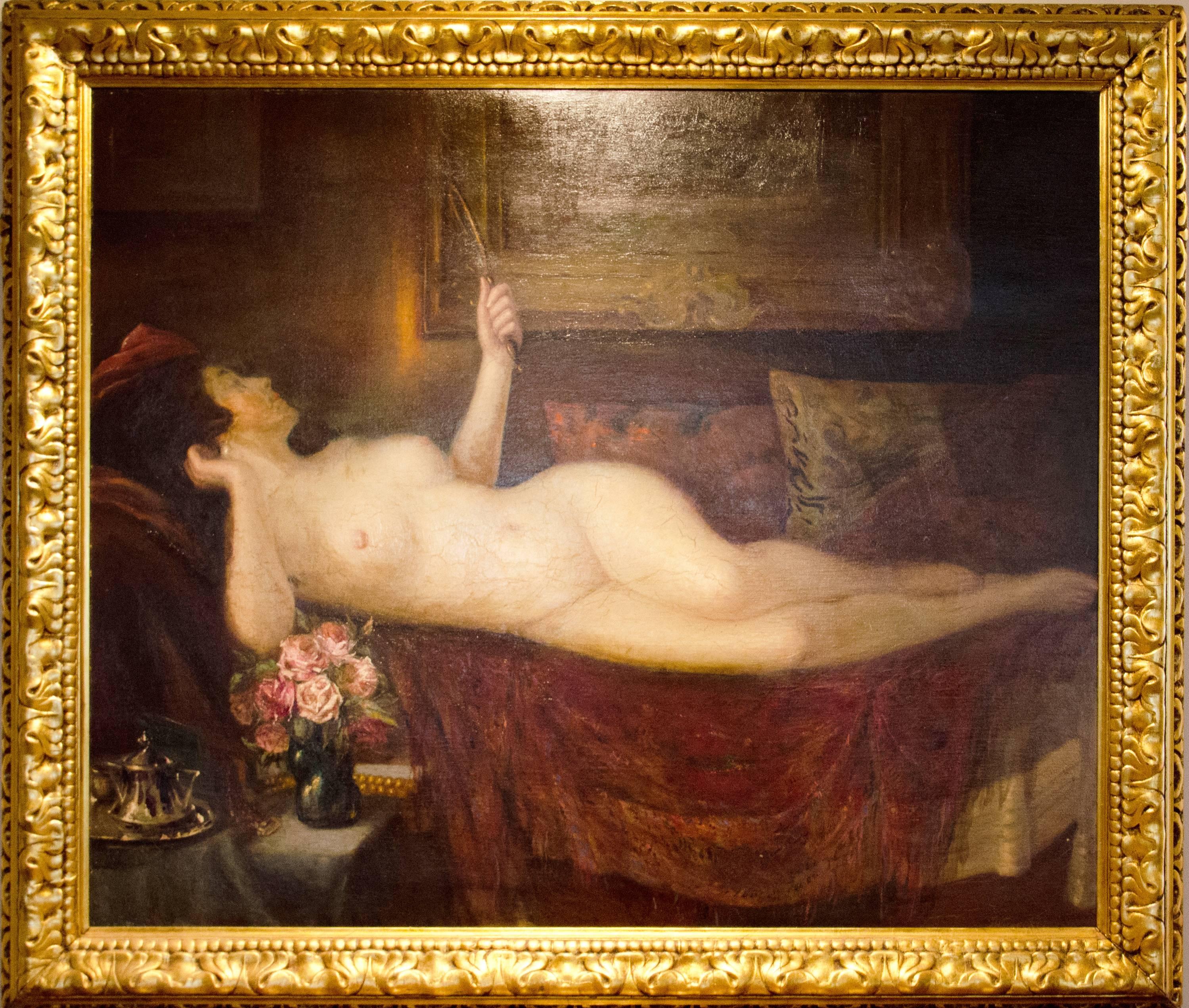 JAN WYSOCKI (Polish 1873-1960)
Reclining Nude Woman with Mirror and Roses
Oil on canvas
39 x 48 inches
Signed lower right
In a period gold leaf frame

Jan Wysocki was born on February 7, 1873 in Mysłowice in Upper Silesia. In 1893 he went to Munich,