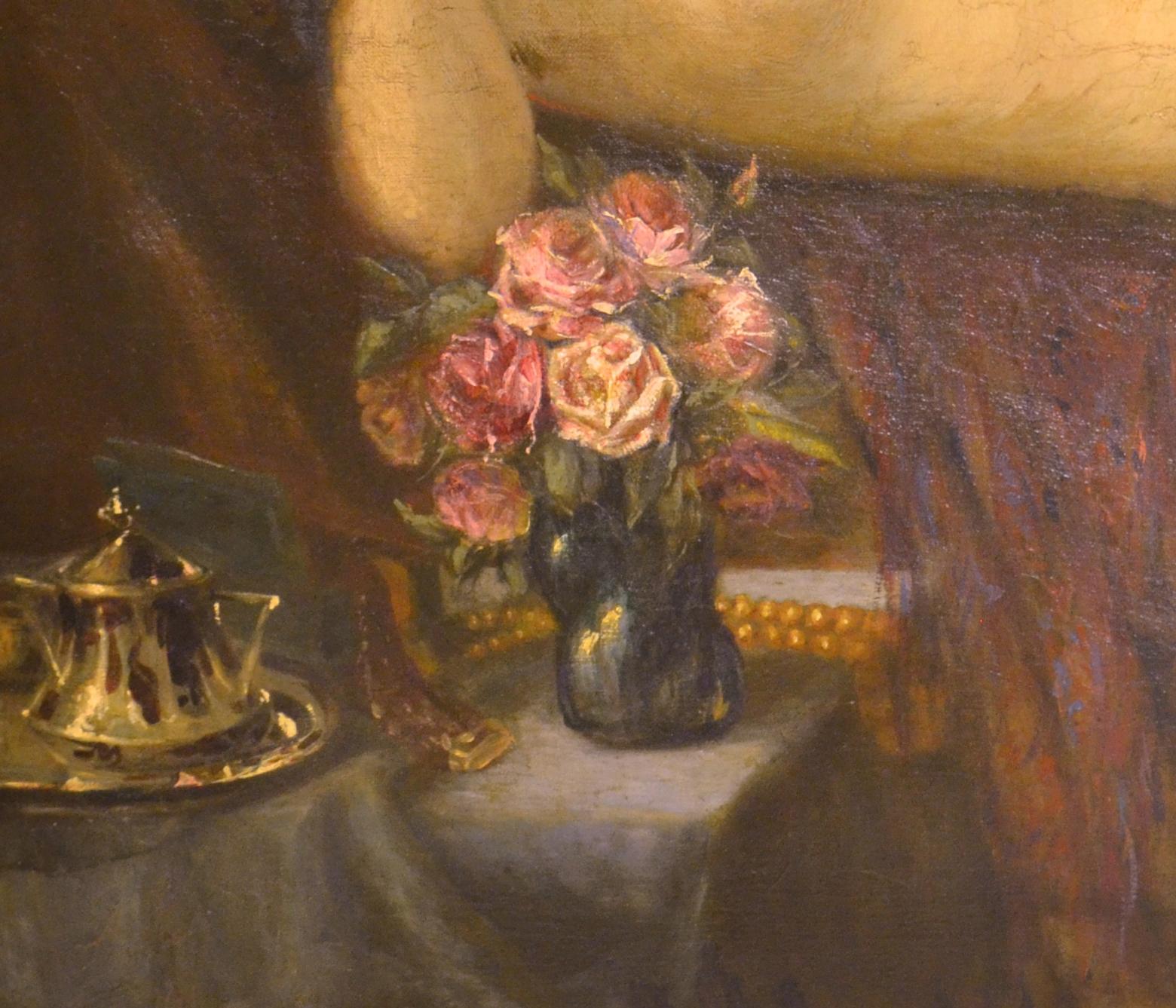 JAN WYSOCKI (polonais 1873-1960)
Femme nue couchée avec miroir et roses
Huile sur toile
39 x 48 pouces
Signé en bas à droite
Dans un cadre d'époque à la feuille d'or

Jan Wysocki est né le 7 février 1873 à Mysłowice, en Haute-Silésie. En 1893, il se