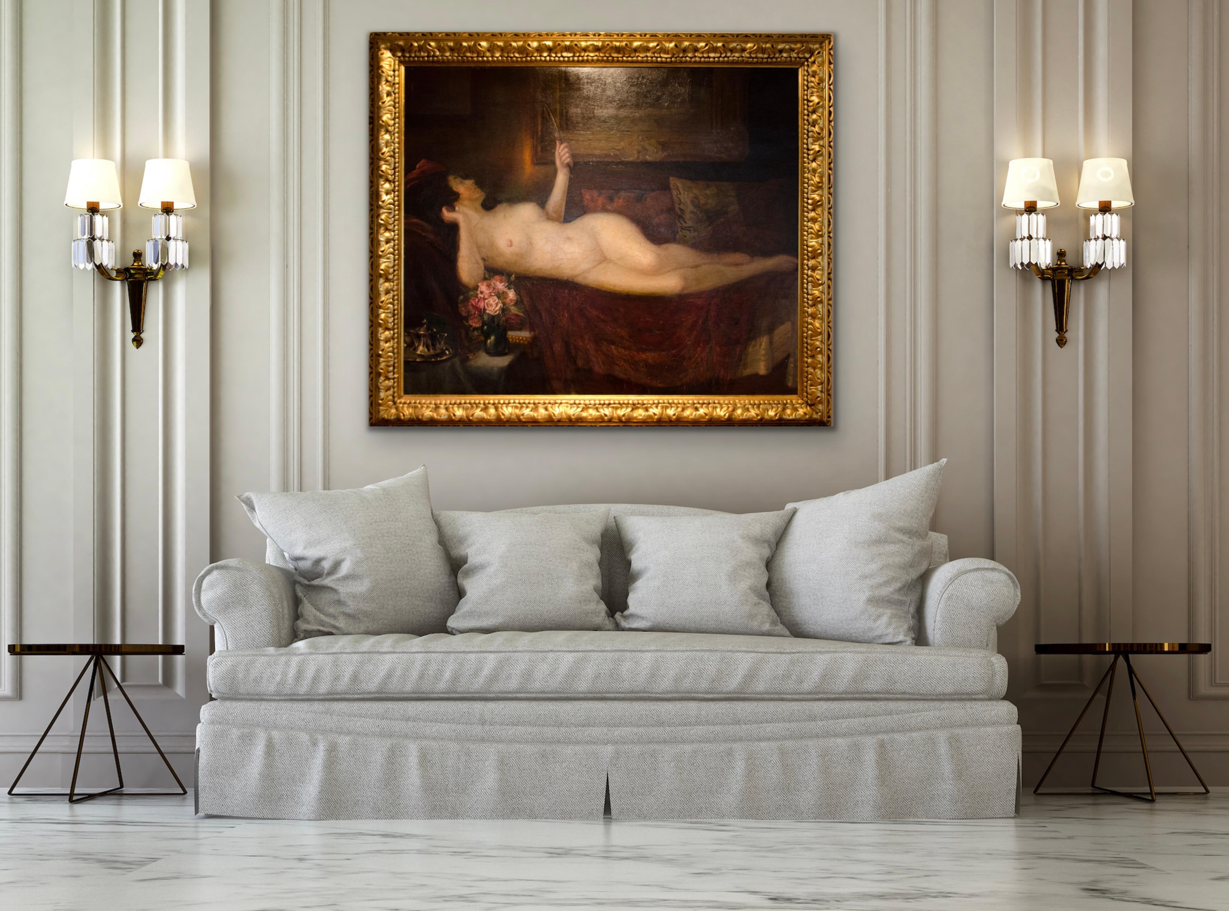 Femme nue couchée avec miroir et roses GRANDE peinture à l'huile 19e siècle ARTISTE POLONAIS en vente 1