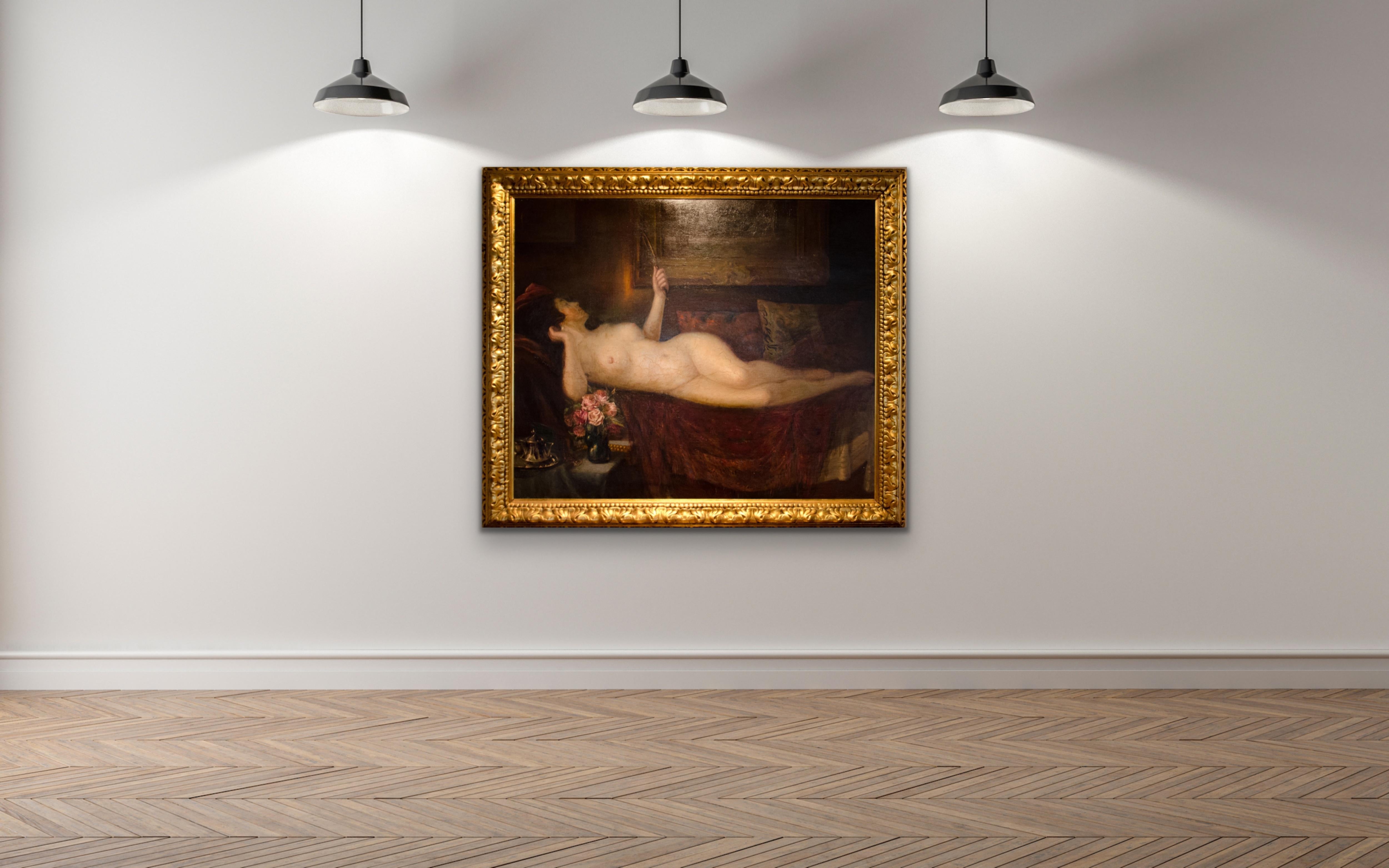 Femme nue couchée avec miroir et roses GRANDE peinture à l'huile 19e siècle ARTISTE POLONAIS en vente 2