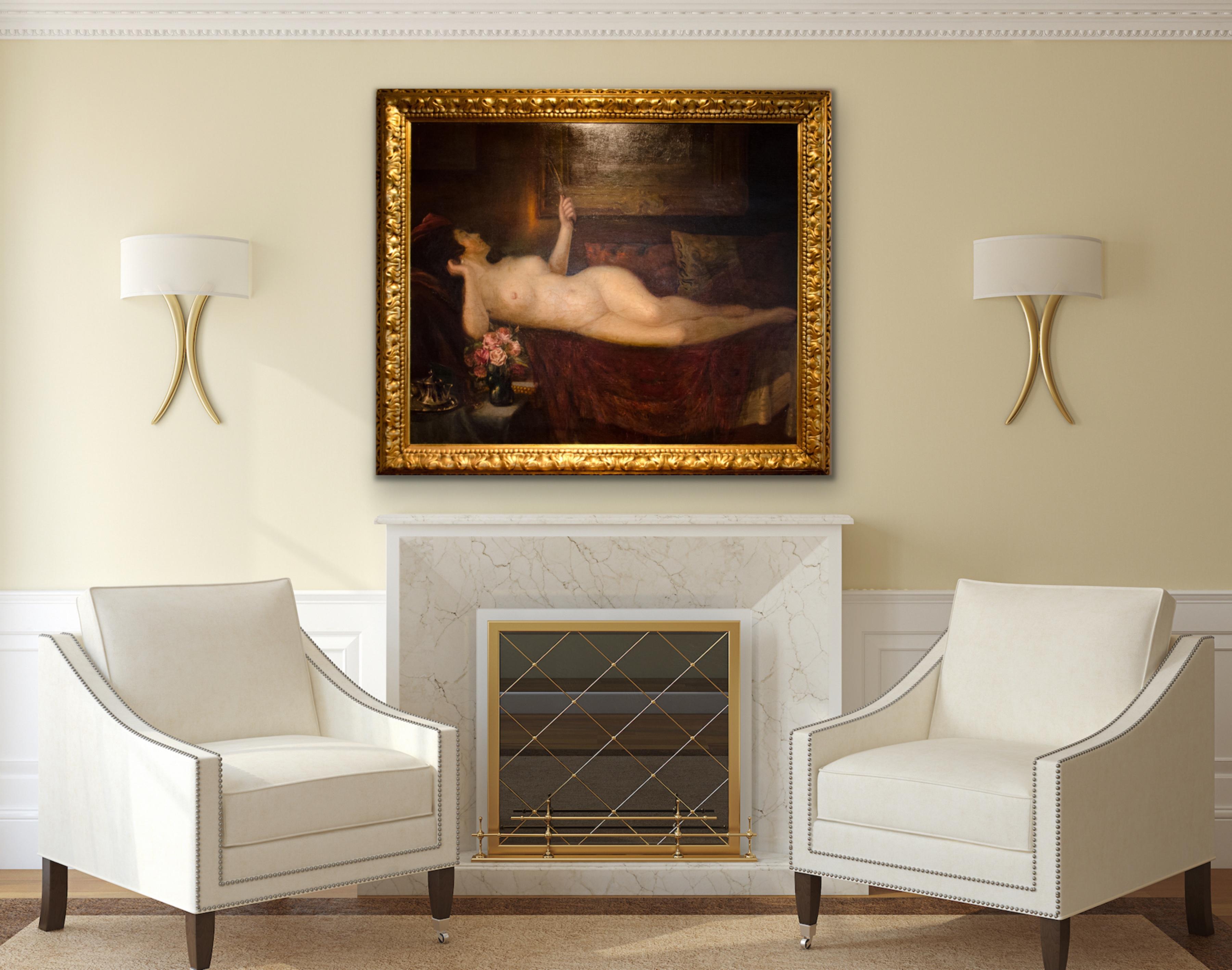 Reclining Nude Woman w Mirror & Roses LARGE Oil Painting 19th cent POLISH ARTIST For Sale 5