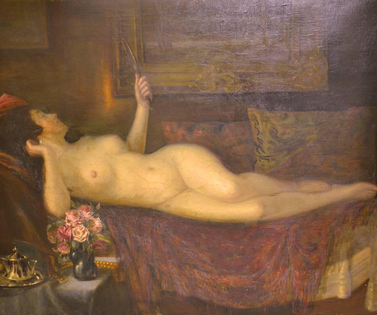 Jan Wysocki Nude Painting - Reclining Nude Woman w Mirror & Roses LARGE Oil Painting 19th cent POLISH ARTIST