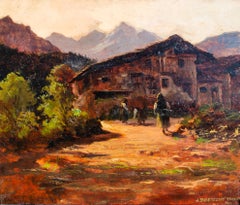 Peinture de villageois en trompe-l'œil signée Jan Zoetelief, datée de 1908