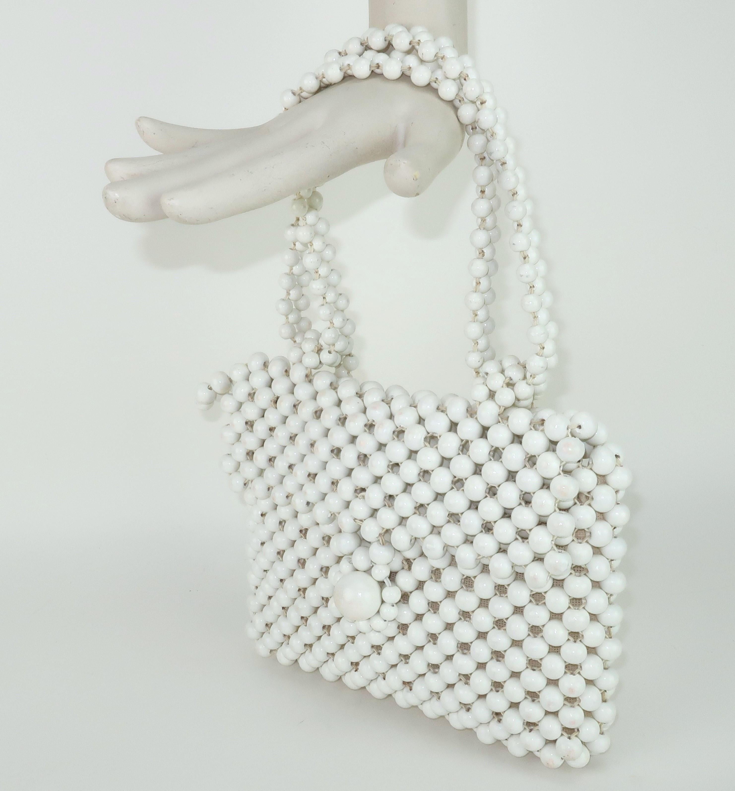 Jana Wood White Bead Handbag With Convertible Handle, 1960's 7