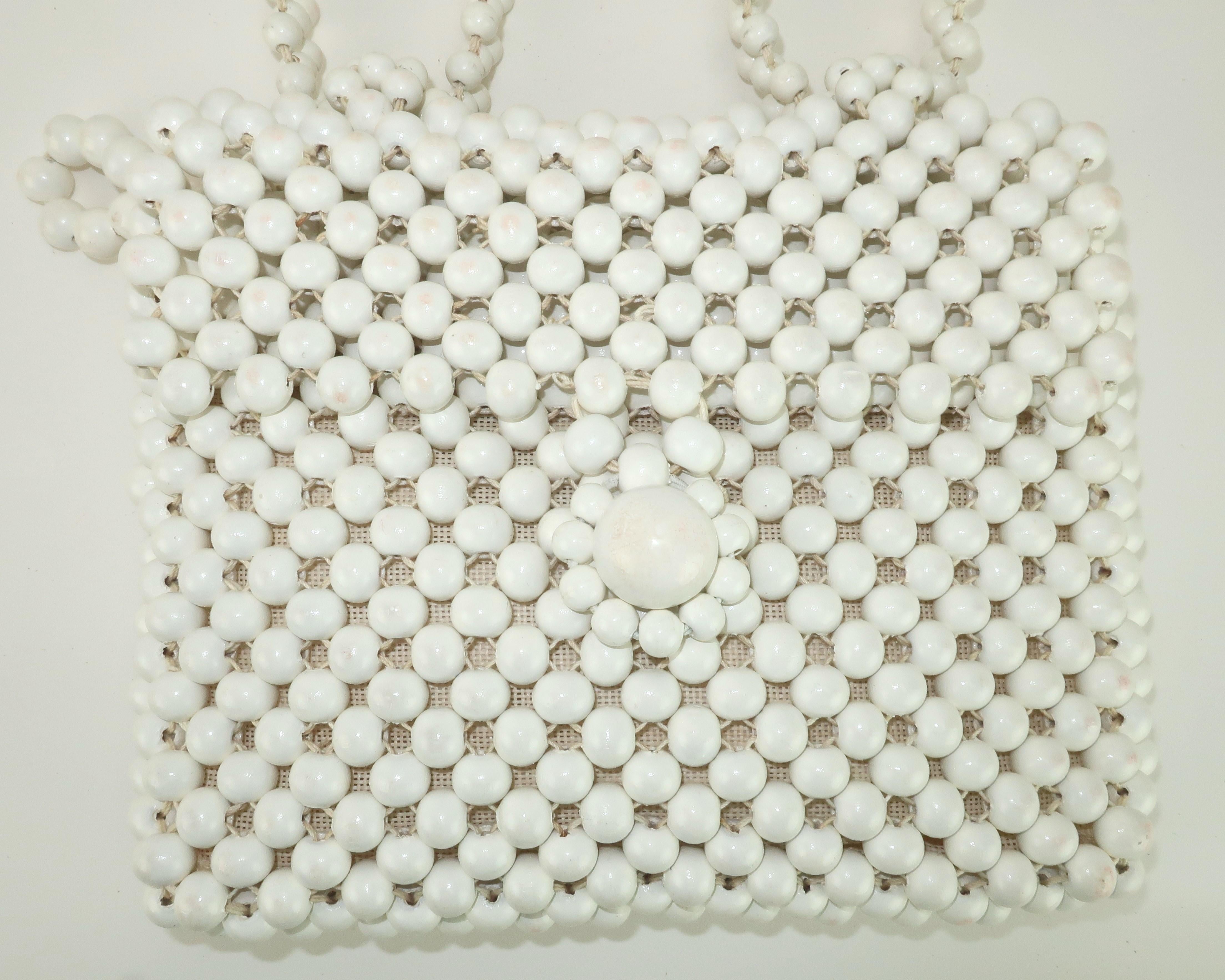 Gray Jana Wood White Bead Handbag With Convertible Handle, 1960's