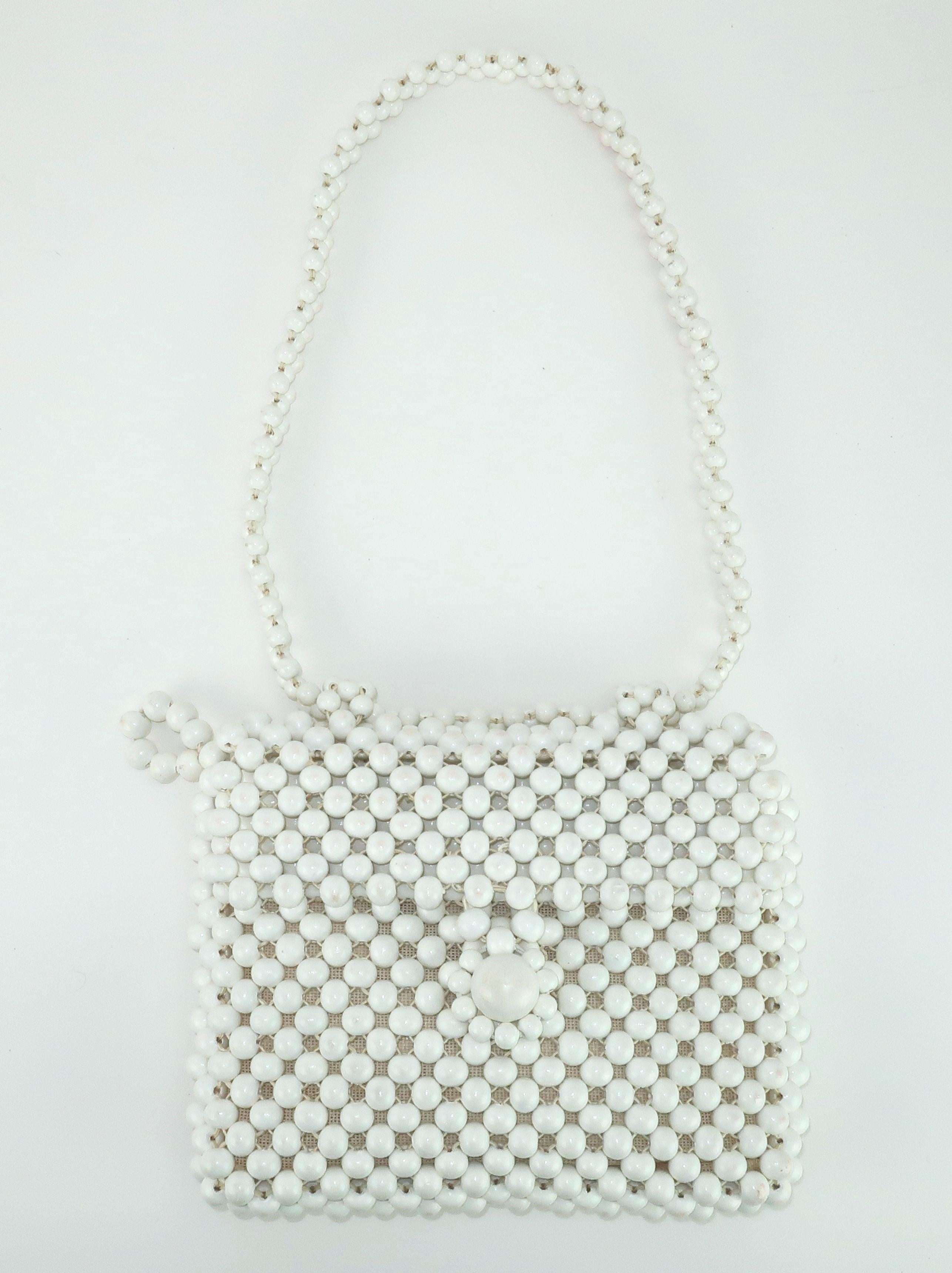 Women's Jana Wood White Bead Handbag With Convertible Handle, 1960's