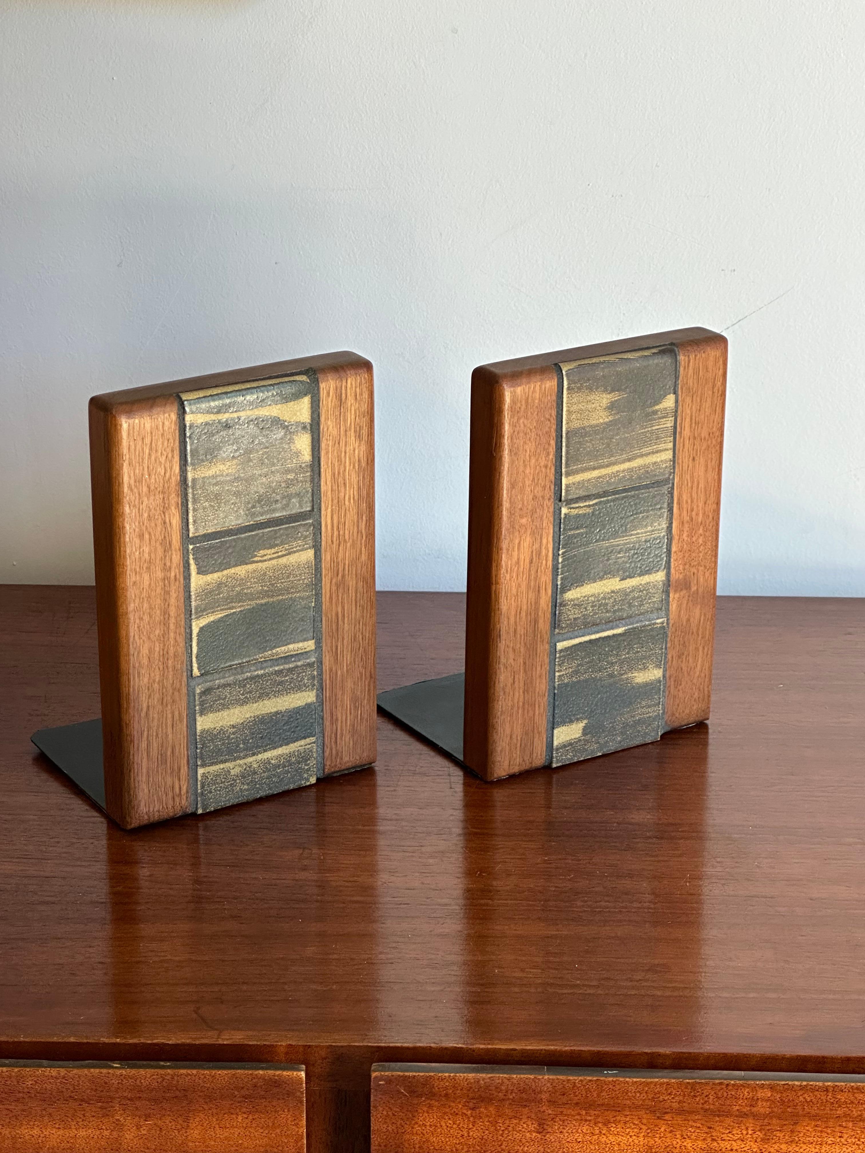 Beautiful walnut and ceramic bookends by Martz/ Marshall Studios circa 1970s. Features well grained walnut along with brown and tan ceramic tiles. Catalog picture attached. Marshall Studios was the infamous company which produced countless lamps by