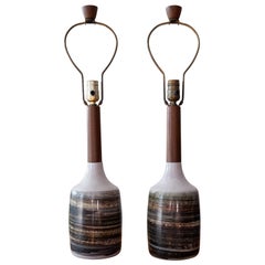 Jane and Gordon Martz Ceramic and Walnut Table Lamps