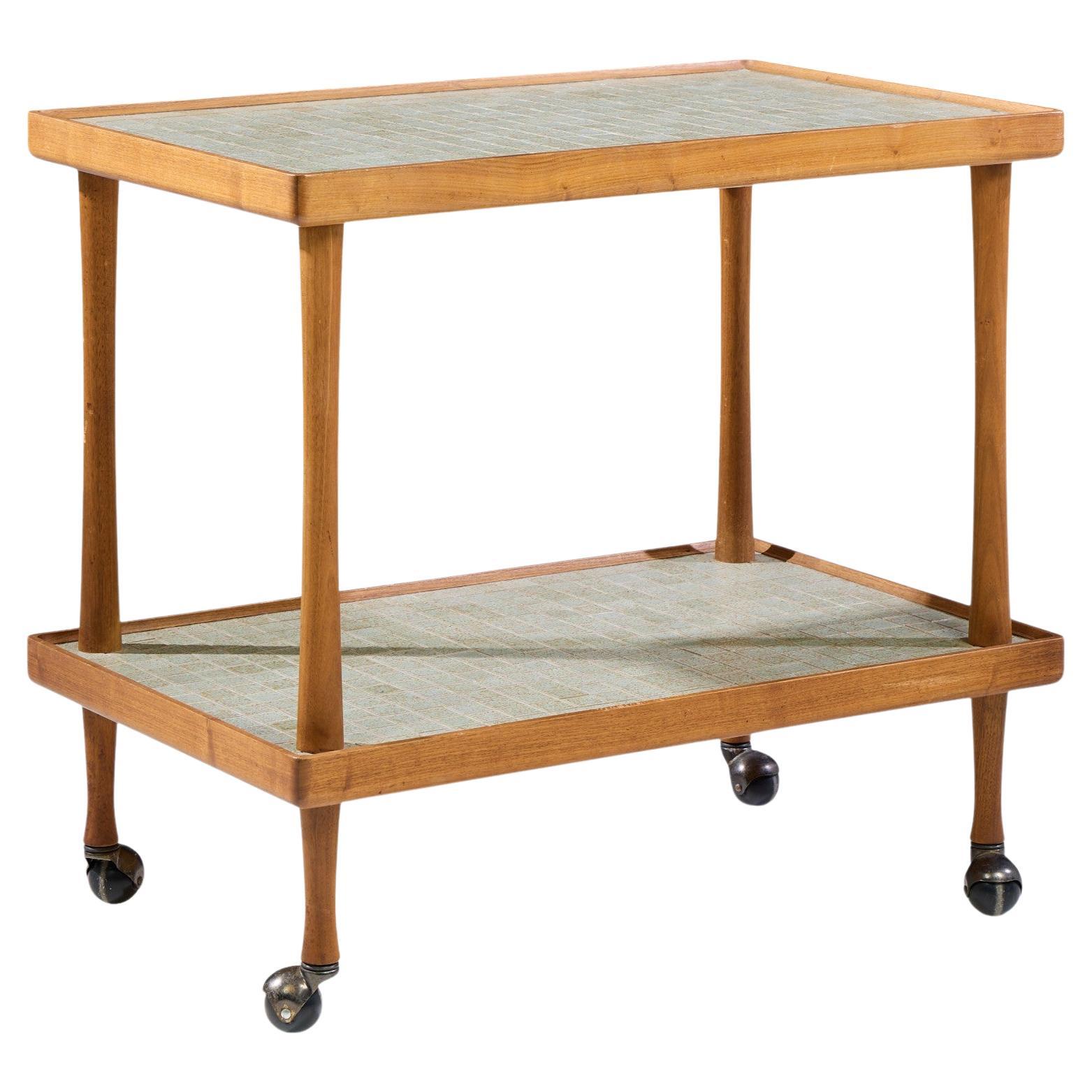 Carrito de bar de nogal y azulejos de mediados de siglo de Jane y Gordon Martz para Marshall Studios