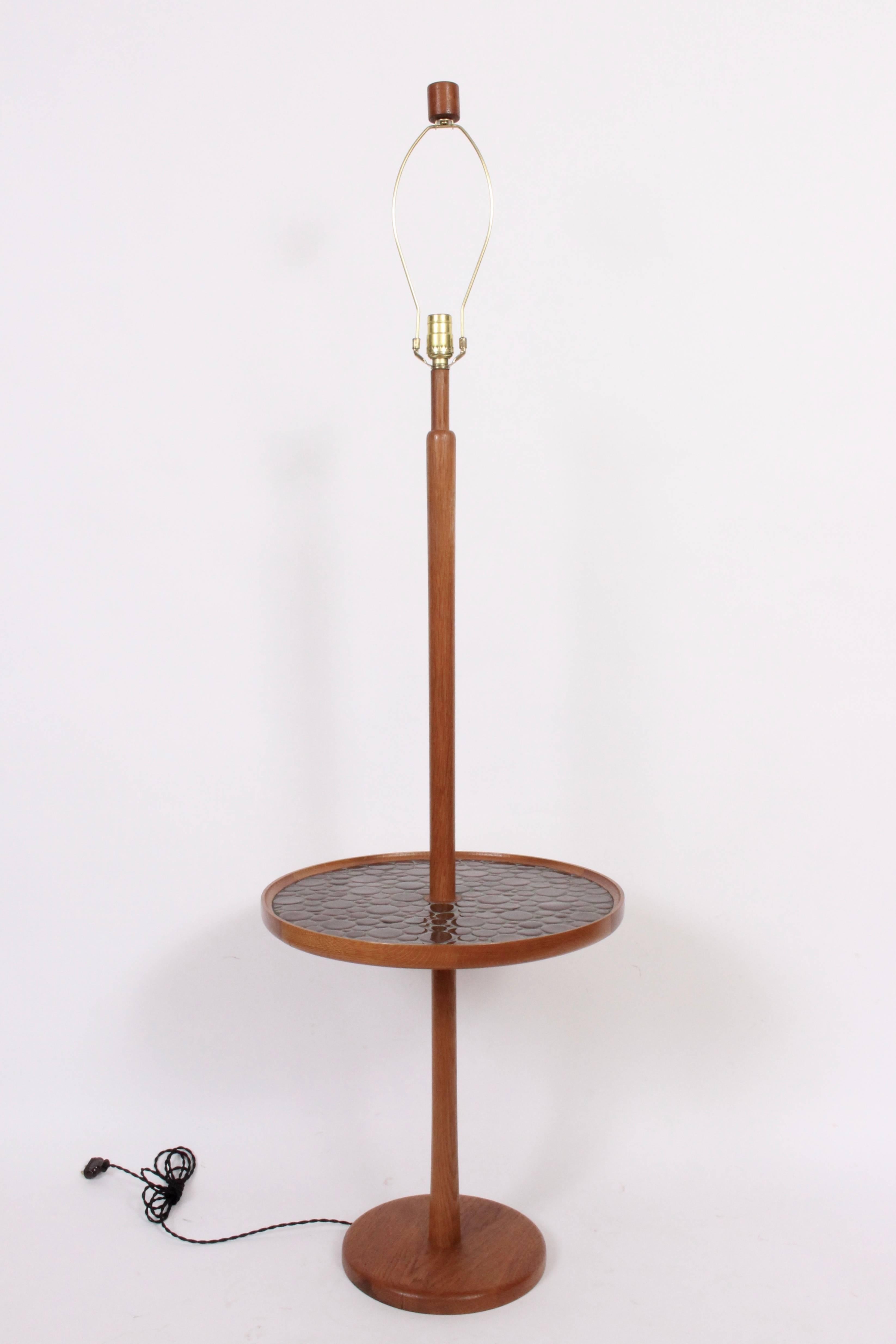 Gordon and Jane Martz for Marshall Studios W4 Reading Floor Lamp with Side Table, 1960's. Featuring a Dark Teak column, lipped surface, Deep Brown round ceramic tile surface on weighted 8 lb casting base. Shade for display only (Shade 16H x 16D top