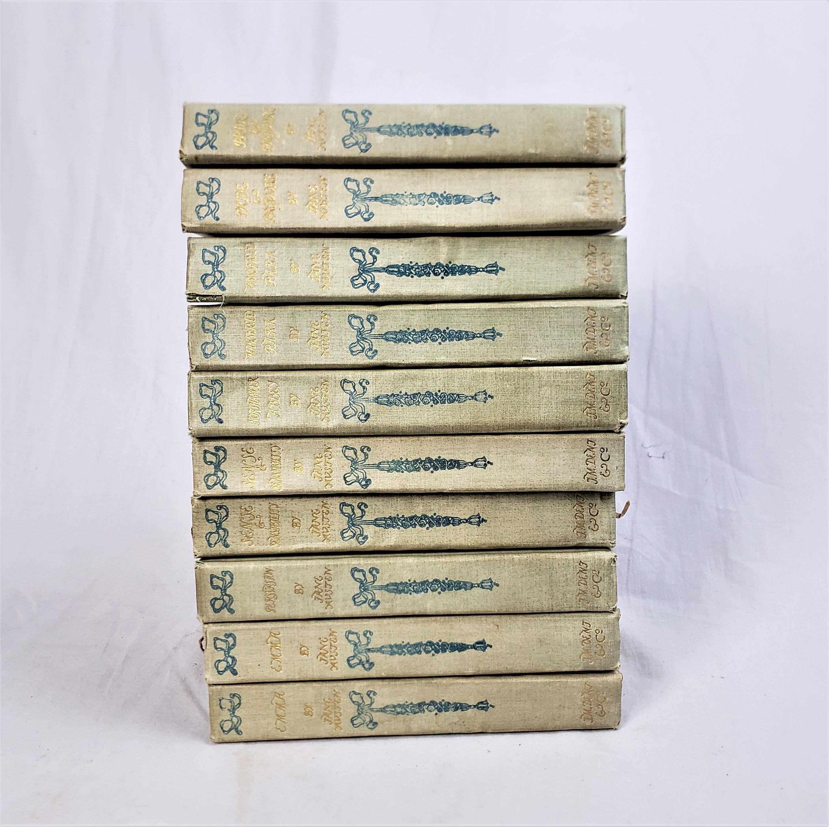 This ten volume set of antique books was authored by Jane Auston of England between the years of 1898 and 1905 and done in the period late Victorian style. The set is composed of Pride & Prejudice in two volumes, Mansfield Park in two volumes,