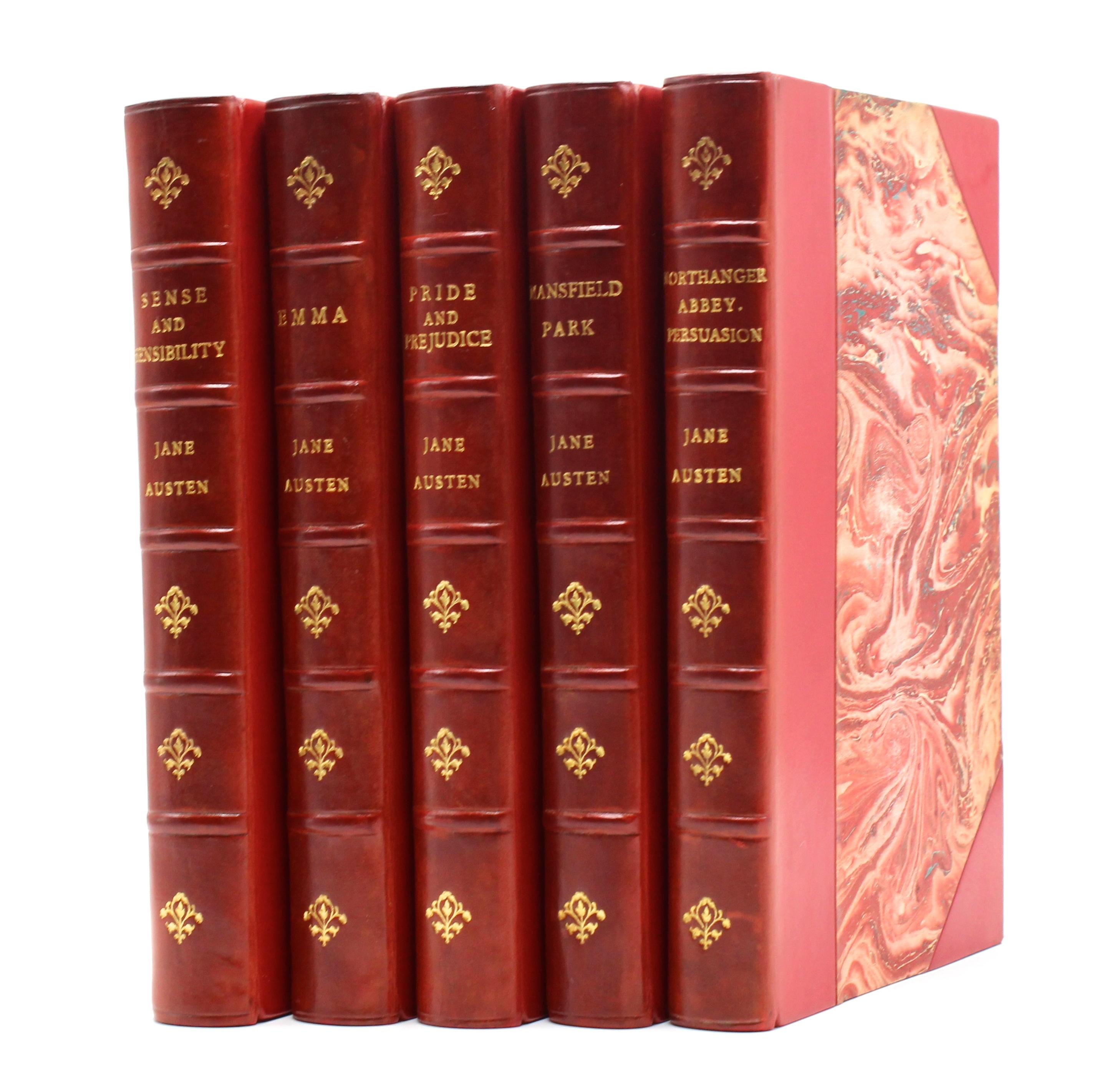Presented is a beautiful five volume set of “Jane Austen’s Works,” published by Robert Riviere & Son, Ltd. in London, in stunning period bindings. The books were published in the 1920s, reprinted from the 1813 second edition printing of Austen’s