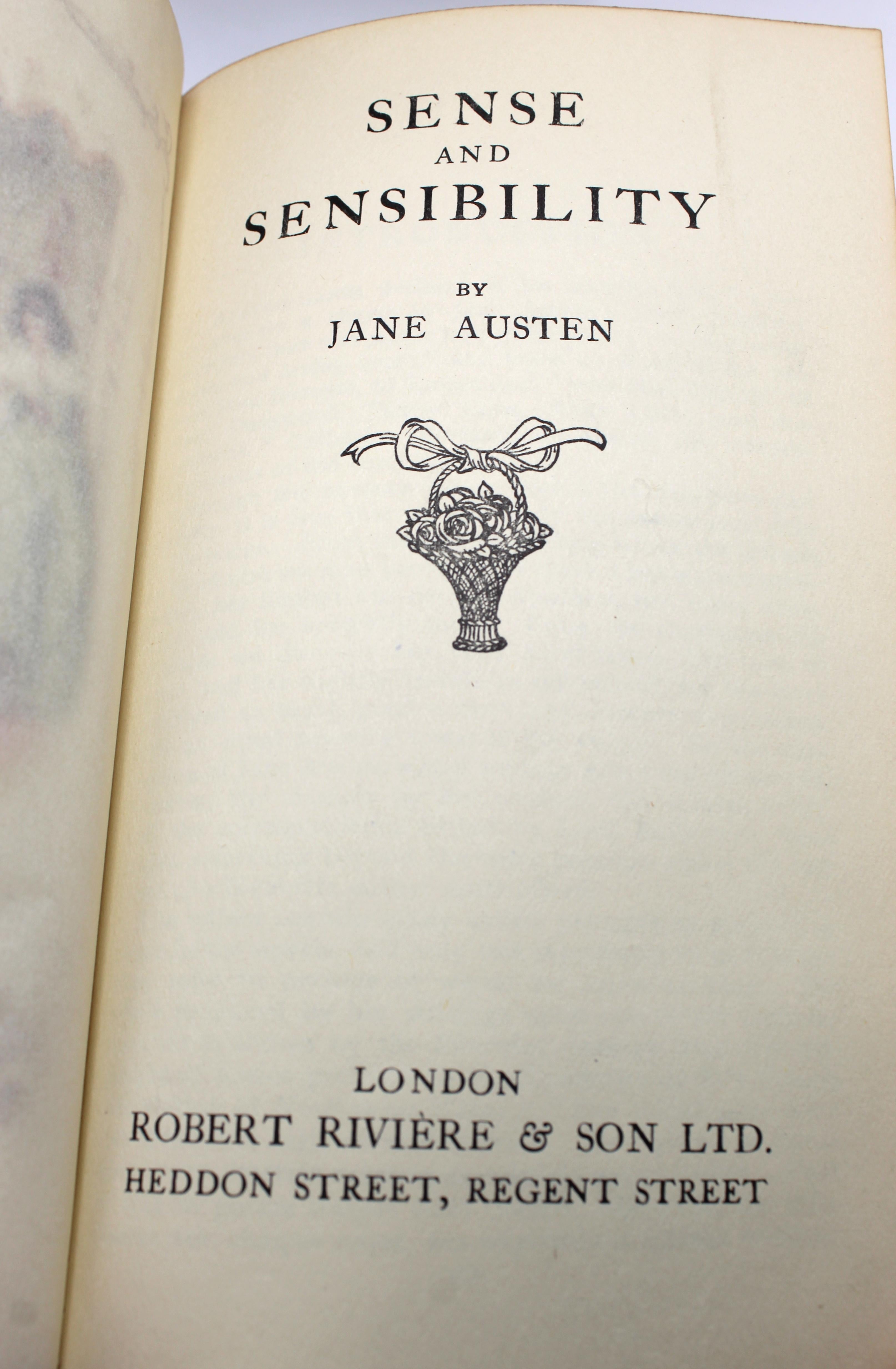 Jane Austen's Works, Published by Robert Riviere & Son, Five Volume Set, 1920s In Good Condition In Colorado Springs, CO