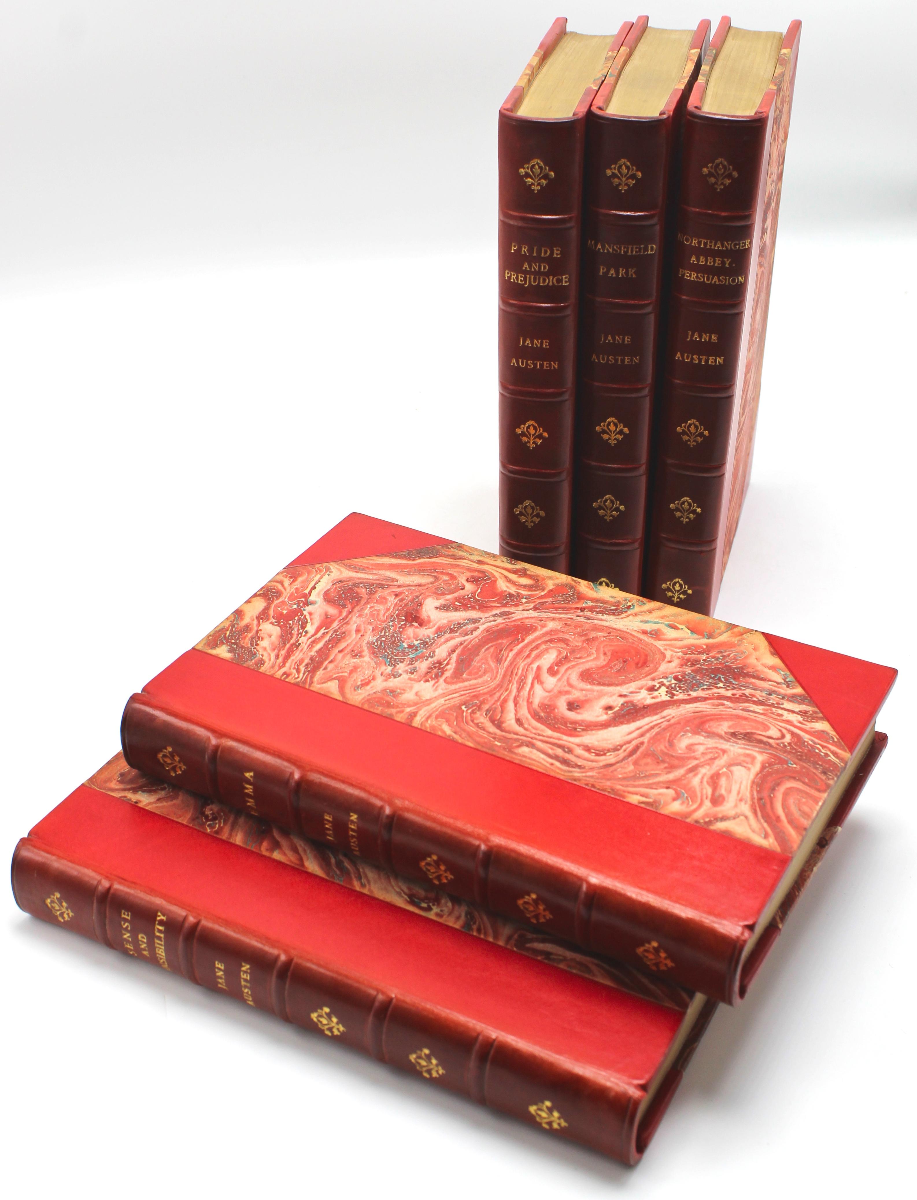Leather Jane Austen's Works, Published by Robert Riviere & Son, Five Volume Set, 1920s