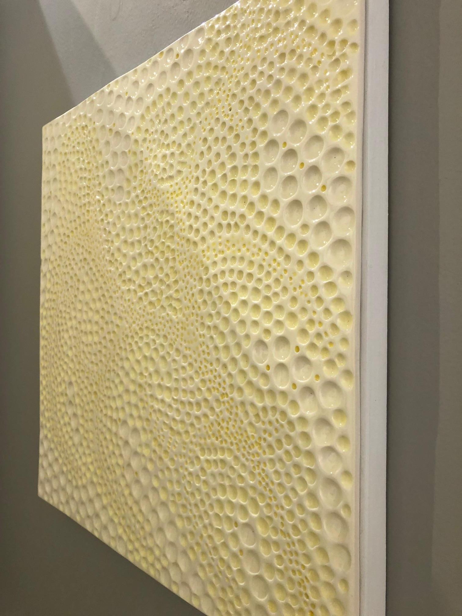 Fugue 5 / ceramic & wood wall sculpture - yellow, white, 3D  - Abstract Mixed Media Art by Jane B. Grimm