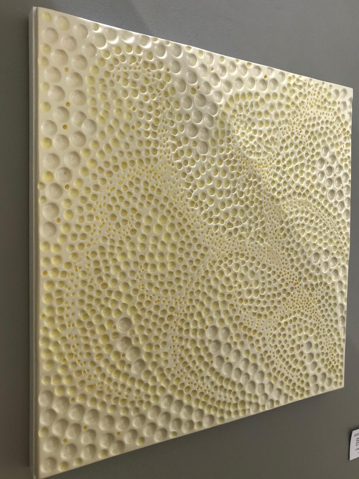 Fugue 5 / ceramic & wood wall sculpture - yellow, white, 3D  1