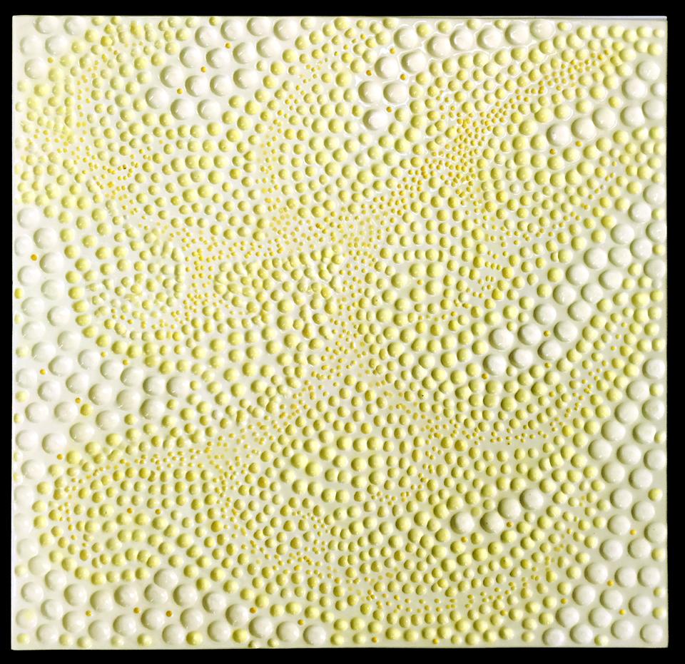 Fugue 5 / ceramic & wood wall sculpture - yellow, white, 3D  - Mixed Media Art by Jane B. Grimm