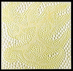 Fugue 5 / ceramic & wood wall sculpture - yellow, white, 3D