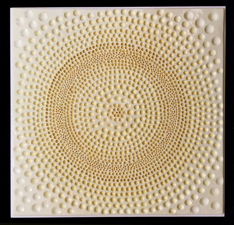 Jane B. Grimm Abstract Sculpture - Mandala I / ceramic wall sculpture - yellow, white, 3D 