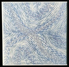 Sculpture murale Op Art Redux II / céramique bleue, blanche, 3D 