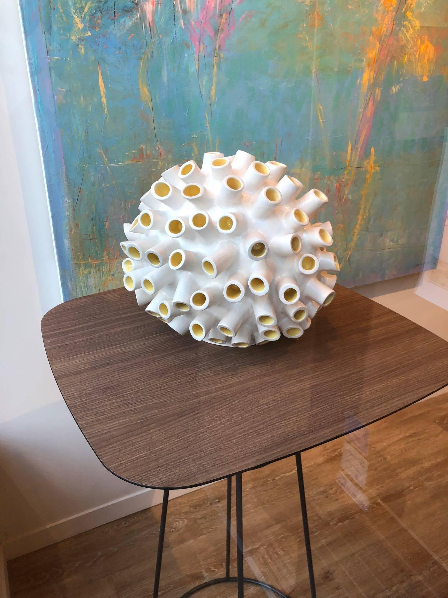 Razz-Ma-Tazz No. II / ceramic sculpture in white and yellow - Sculpture by Jane B. Grimm