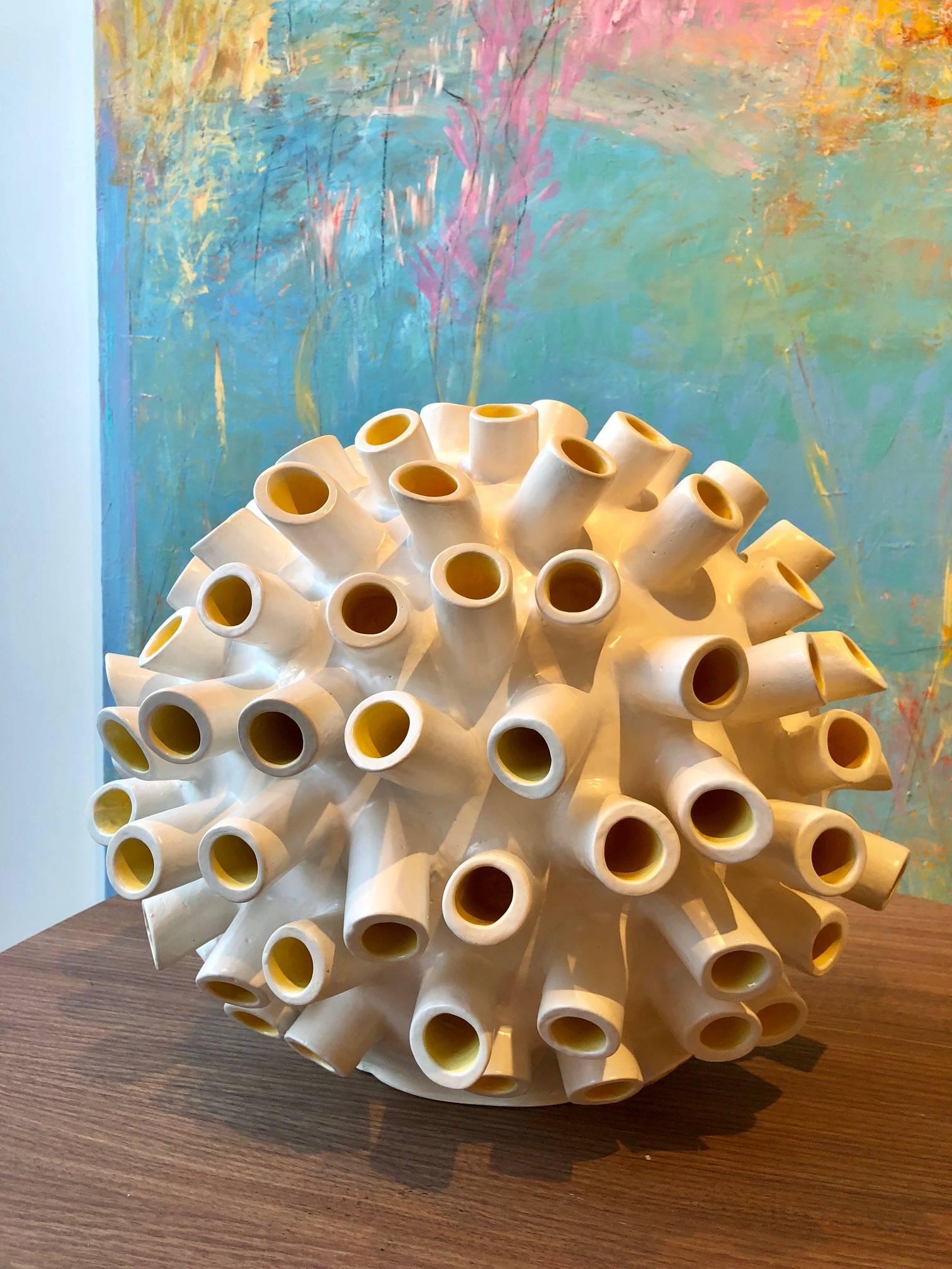 Razz-Ma-Tazz No. II / ceramic sculpture in white and yellow - Gray Abstract Sculpture by Jane B. Grimm