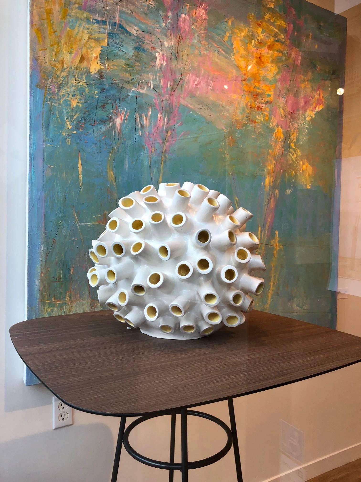 Jane B. Grimm Abstract Sculpture - Razz-Ma-Tazz No. II / ceramic sculpture in white and yellow