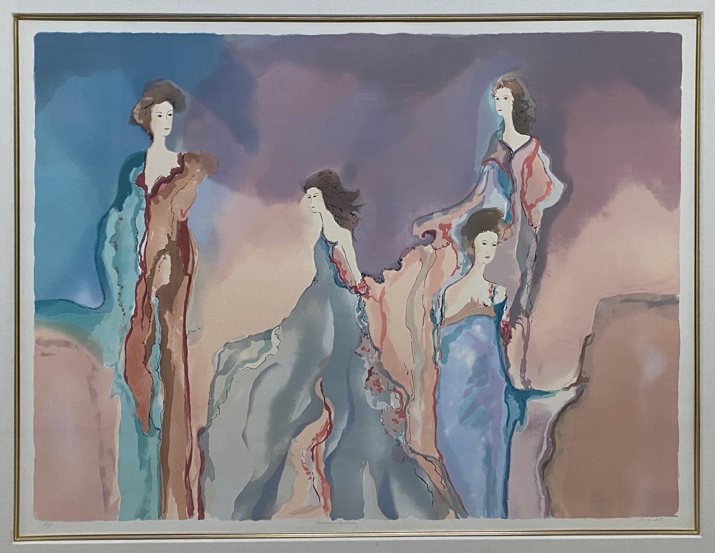 Lacquered Jane Bazinet Watercolor Framed Hollywood Regency Style For Sale