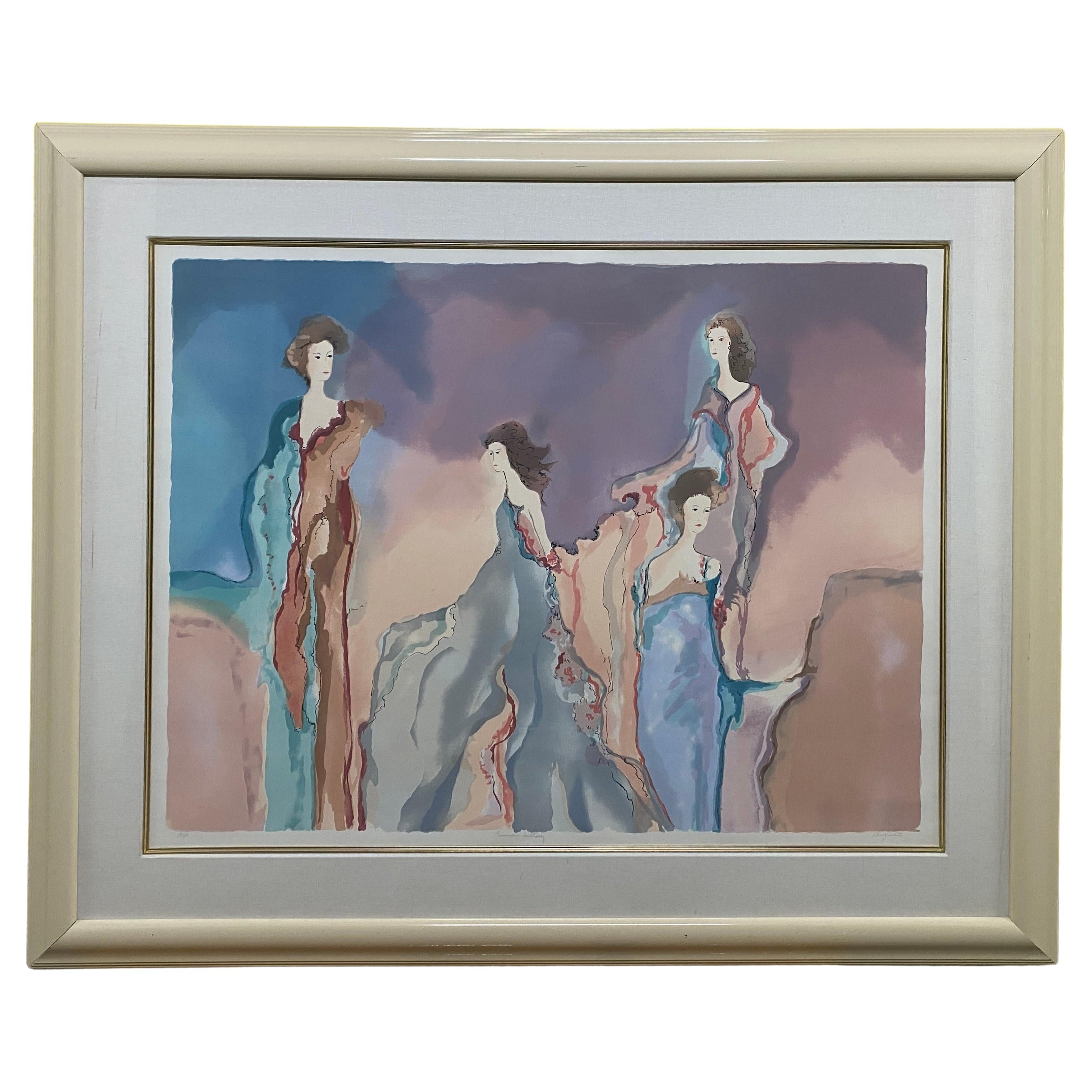 Jane Bazinet Watercolor Framed Hollywood Regency Style For Sale