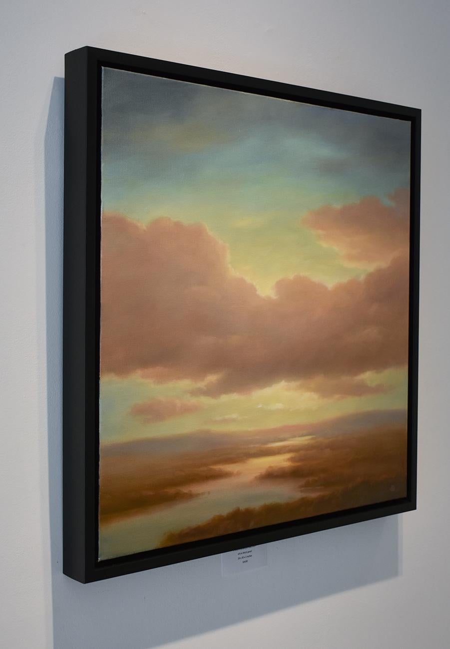 Modern Luminist, Hudson River School style landscape painting on canvas of a sunset over a river valley by Jane Bloodgood-Abrams.
Square landscape painting, 24 x 24 inches unframed, 25.5 x 25.5 inches framed
Simple black frame with d-rings and