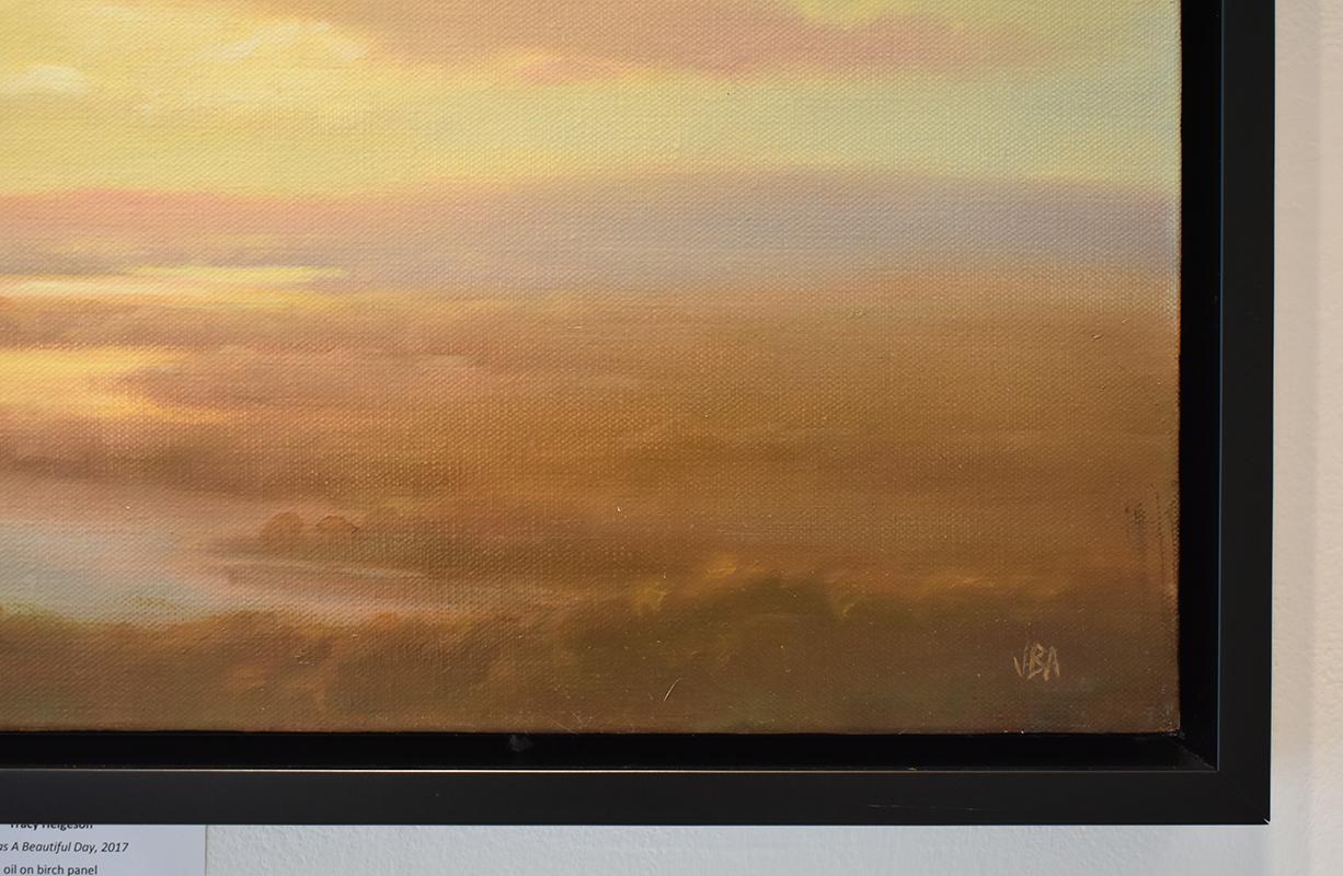 Modernes:: modernes Landschaftsgemälde im Stil der Hudson River School auf Leinwand mit einem Sonnenuntergang über einem Flusstal von Jane Bloodgood-Abrams. 
Quadratisches Landschaftsgemälde:: 24 x 24 Zoll ungerahmt:: 25::5 x 25::5 Zoll gerahmt