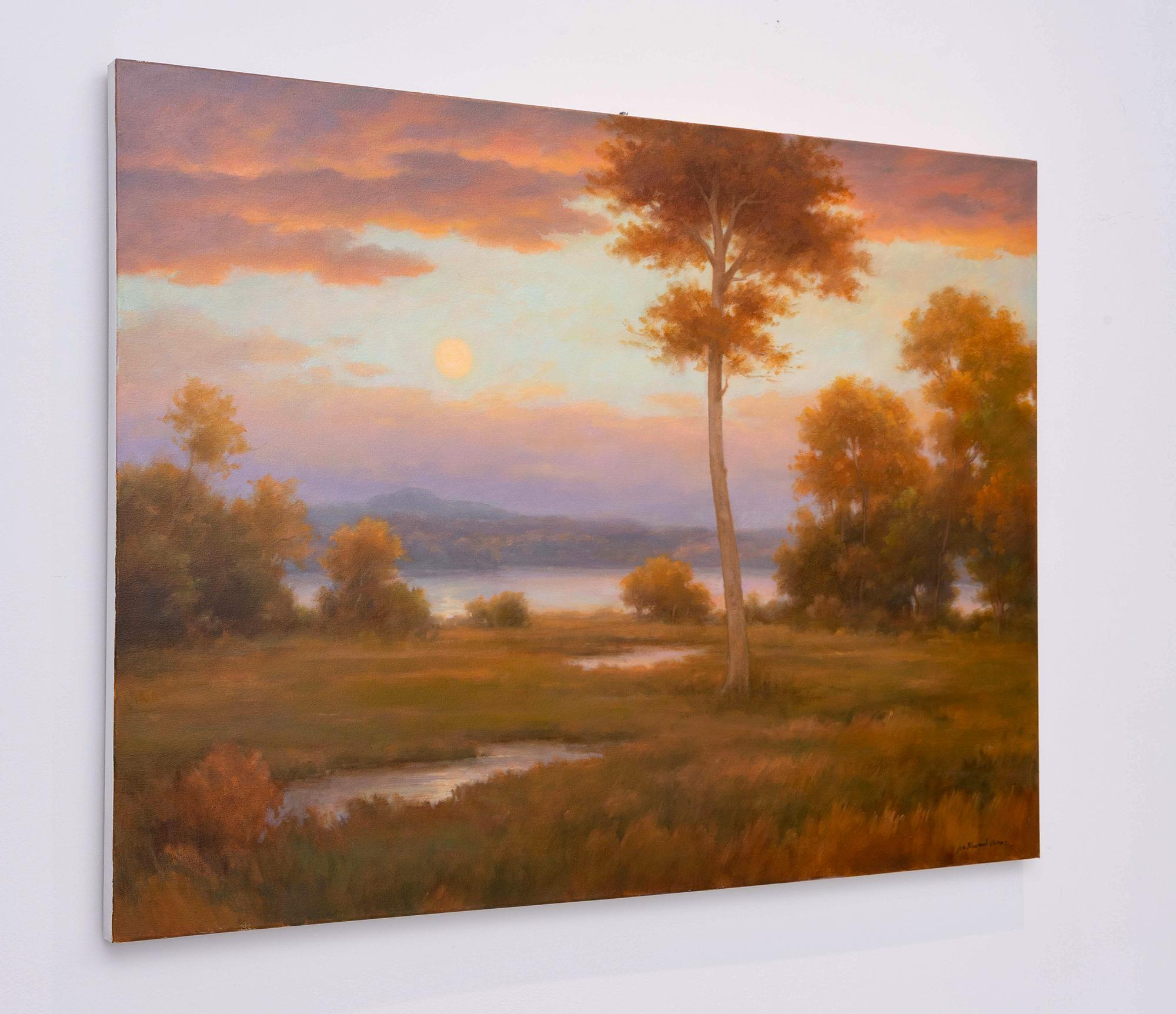 Herbstreverie (Zeitgenössische impressionistische Landschaft einer Flussbank) (Braun), Landscape Painting, von Jane Bloodgood-Abrams