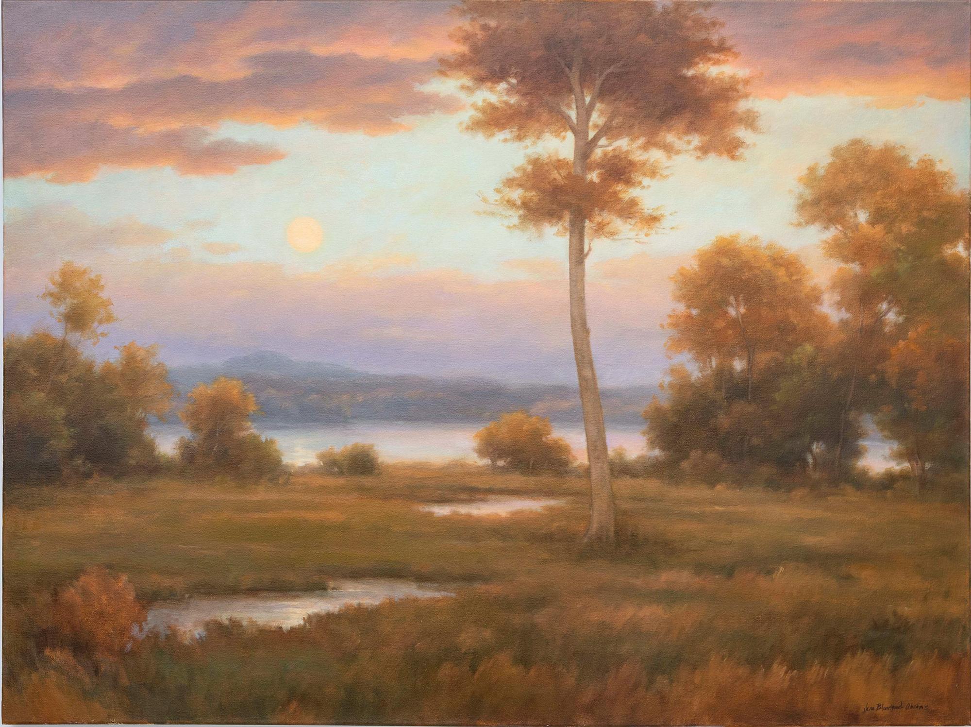 Jane Bloodgood-Abrams Landscape Painting – Herbstreverie (Zeitgenössische impressionistische Landschaft einer Flussbank)