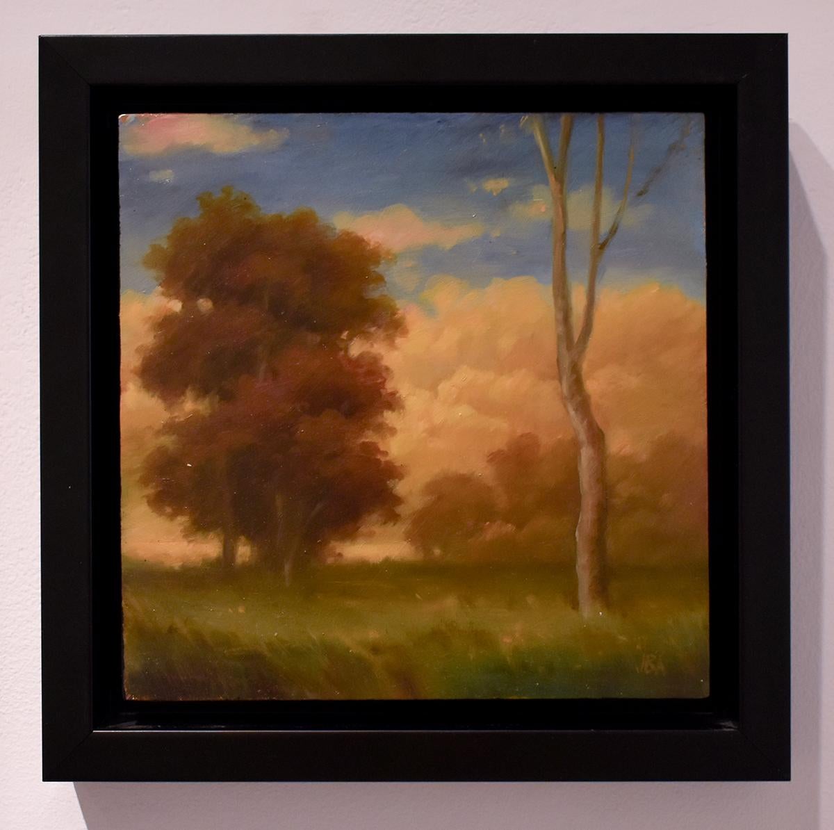 oil on panel
8 x8 inches unframed 
10 x 10 inches framed 

A  landscape view of trees in a meadow set against luminous clouds. Golden light streams through the clouds and a heavenly light is reflected on the leafy autumn trees. The wind traveling