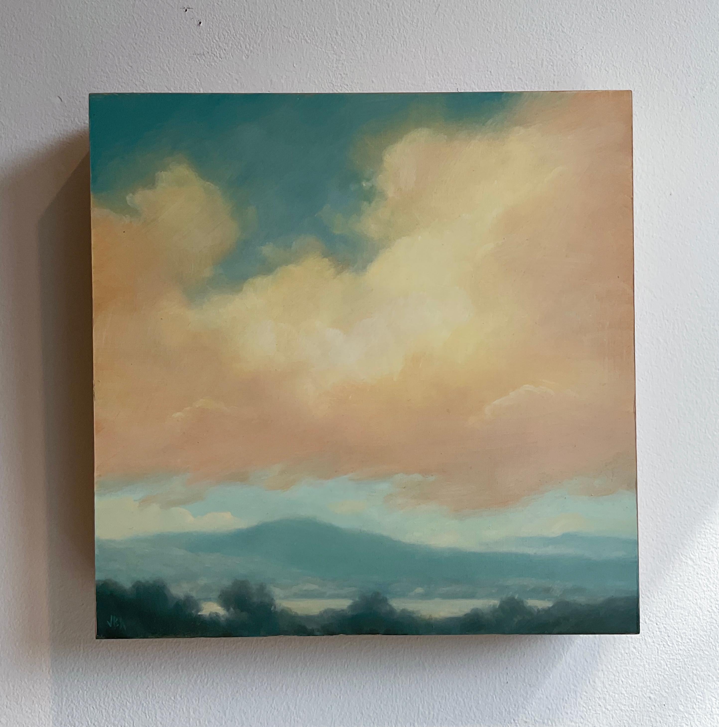 Catskills Spring No. 3 by Jane Bloodgood-Abrams
Contemporary, Hudson River School style landscape painting on panel of a clouds floating over the mountains 
Square landscape painting, 12 x 12 x 2 inches inches unframed

Artist's signature is located