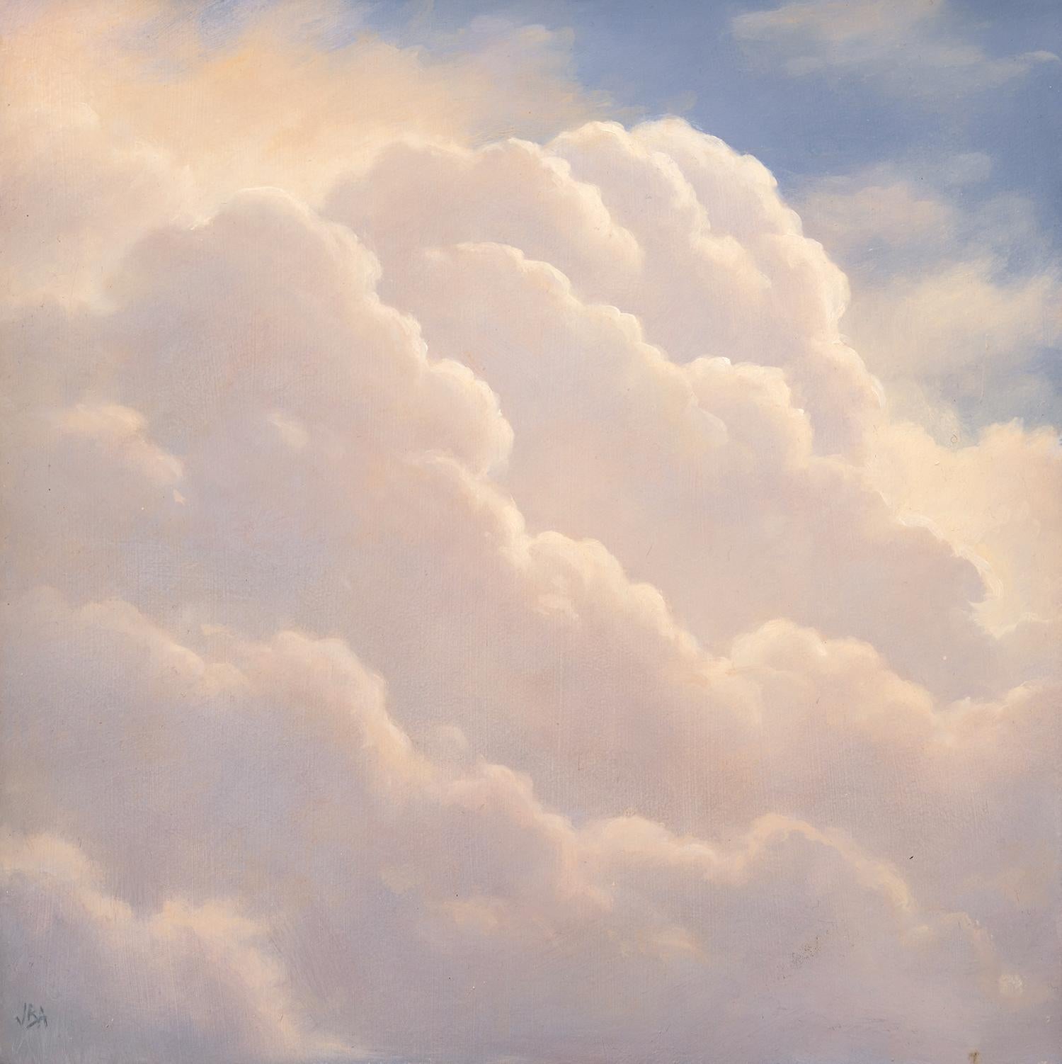 Modern Luminist, Hudson River School landscape painting of white billowing clouds
"Cloud Icon XXIV" by Jane Bloodgood-Abrams, painted in 2023
12 x 12 inches, oil on panel, 13.75 x 13.75 x 1 inches framed
Small, Square landscape painting in black