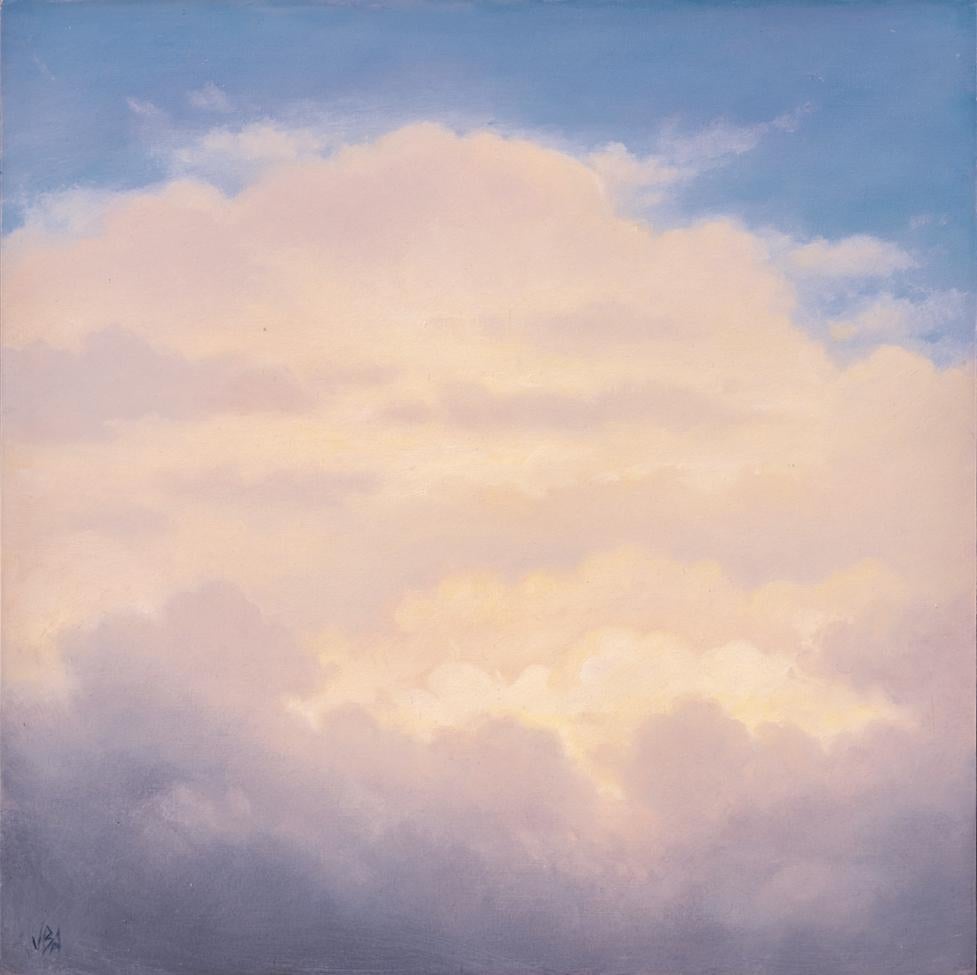 Modern Luminist, Hudson River School landscape painting of white billowing clouds
"Cloud Icon XXV" by Jane Bloodgood-Abrams, painted in 2023
12 x 12 inches, oil on panel, 13.75 x 13.75 x 1 inches framed
Small, Square landscape painting in black