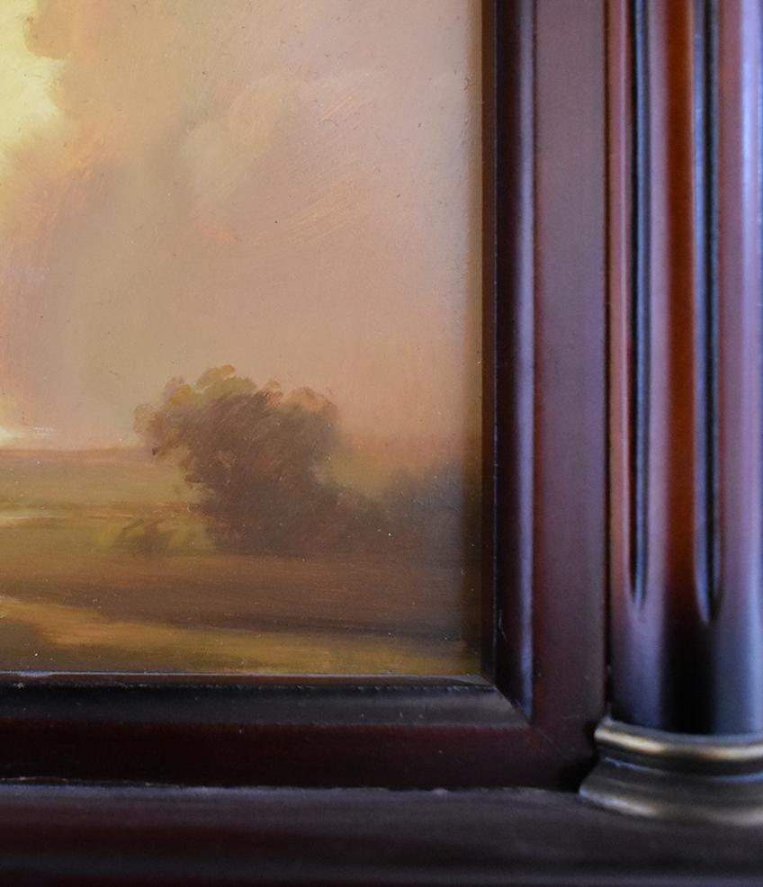 Modern Luminist, Hudson River School style landscape painting on panel of a sunset over a river valley
Vertical landscape painting, 6.5 x 4.5 inches unframed, 10 x 9 x 3 inches in ionic column frame
Dark wood moulding Ionic column frame has wire for