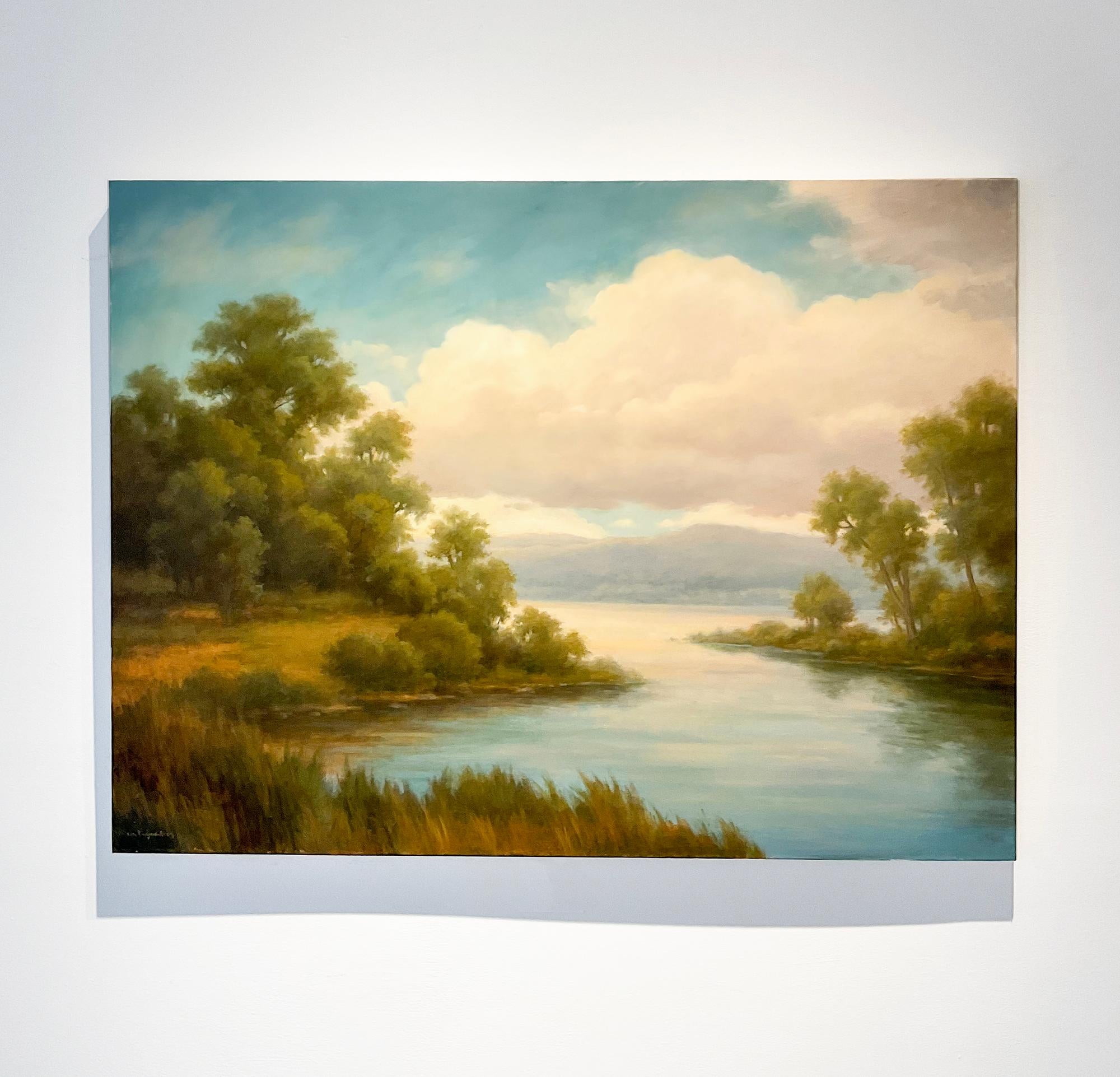 Creek Meets River : Hudson River School, peinture de paysage d'eau et de montagnes - Painting de Jane Bloodgood-Abrams