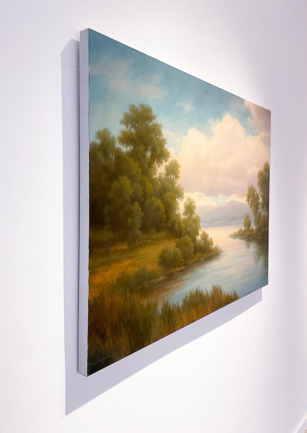Der Bach trifft den Fluss: Die Landschaftsmalerei der Hudson River School mit Wasser und Bergen (Grau), Landscape Painting, von Jane Bloodgood-Abrams