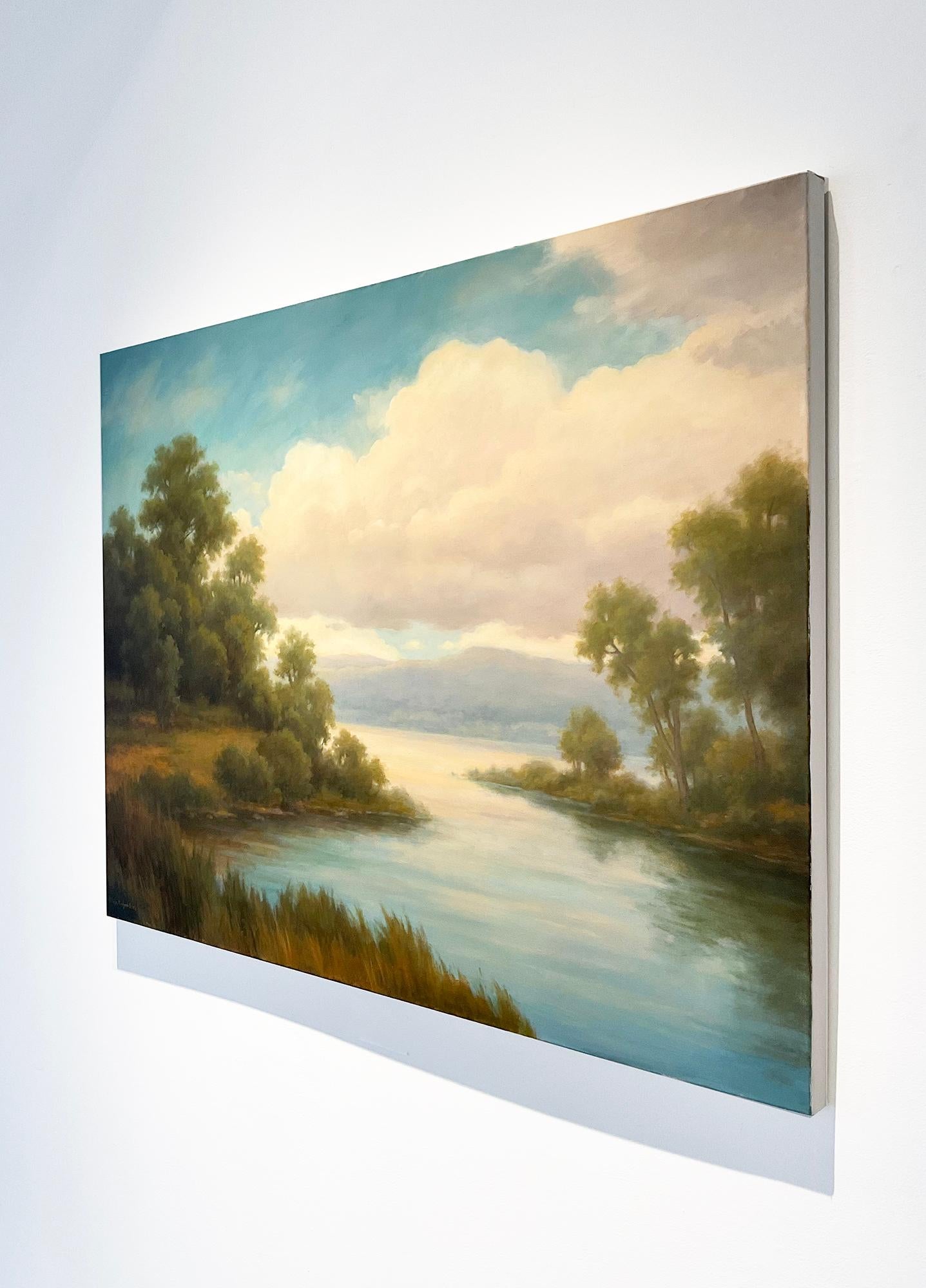 Modern Luminist, Hudson River School landscape painting on canvas of a creek and river meeting around a forest bend with mountains in the distance
