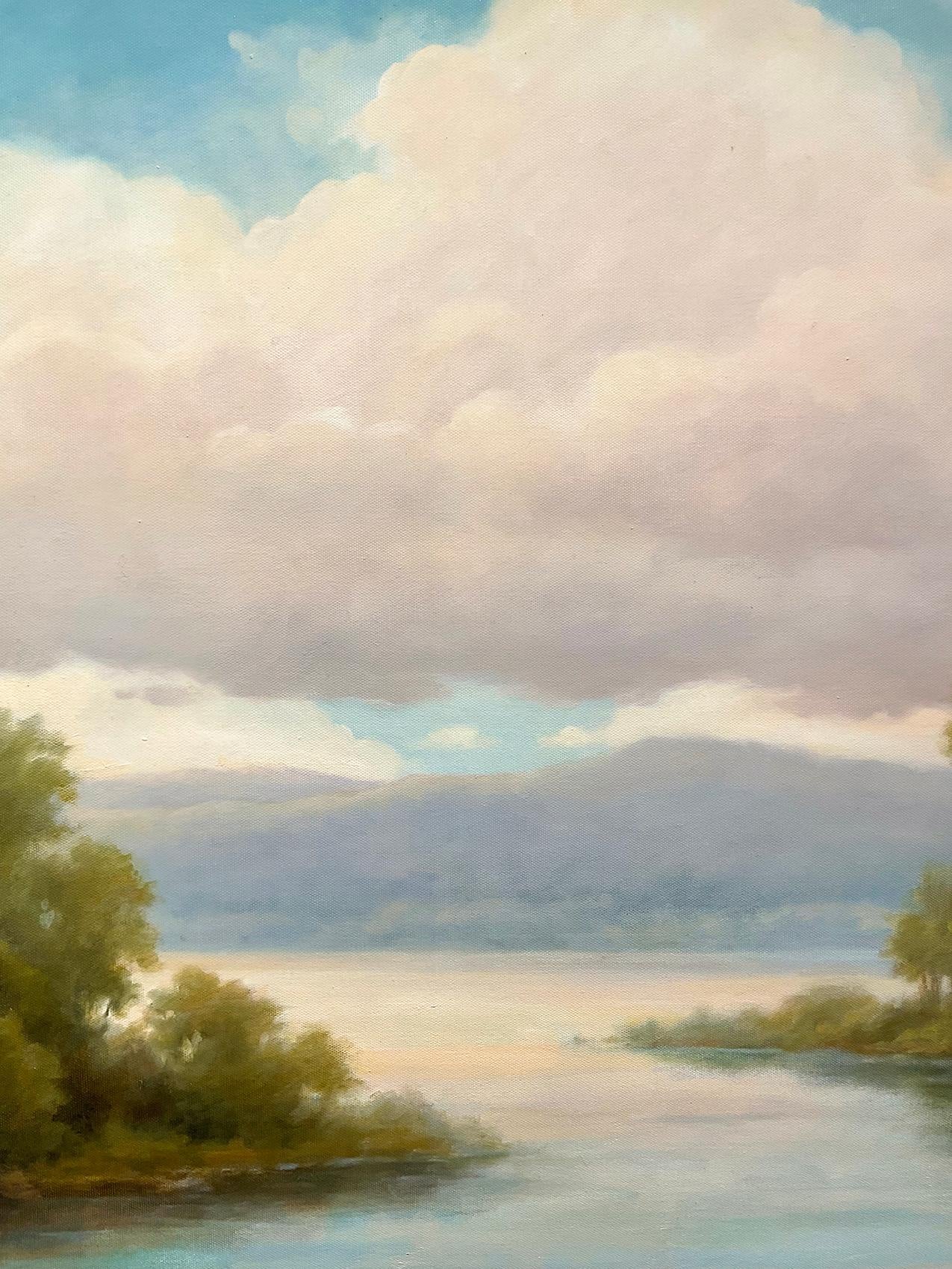 Creek Meets River : Hudson River School, peinture de paysage d'eau et de montagnes en vente 1