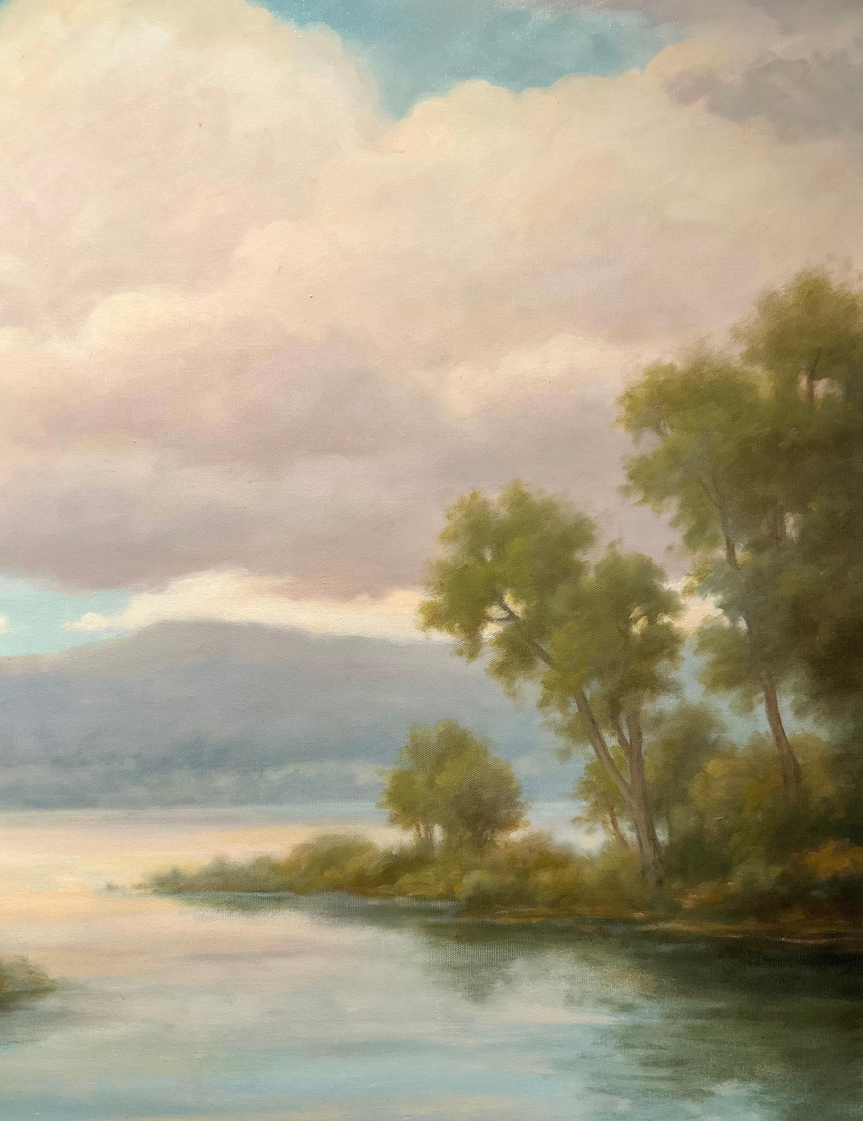 Creek Meets River: Hudson River School Landscape Painting of Water and Mountains For Sale 4