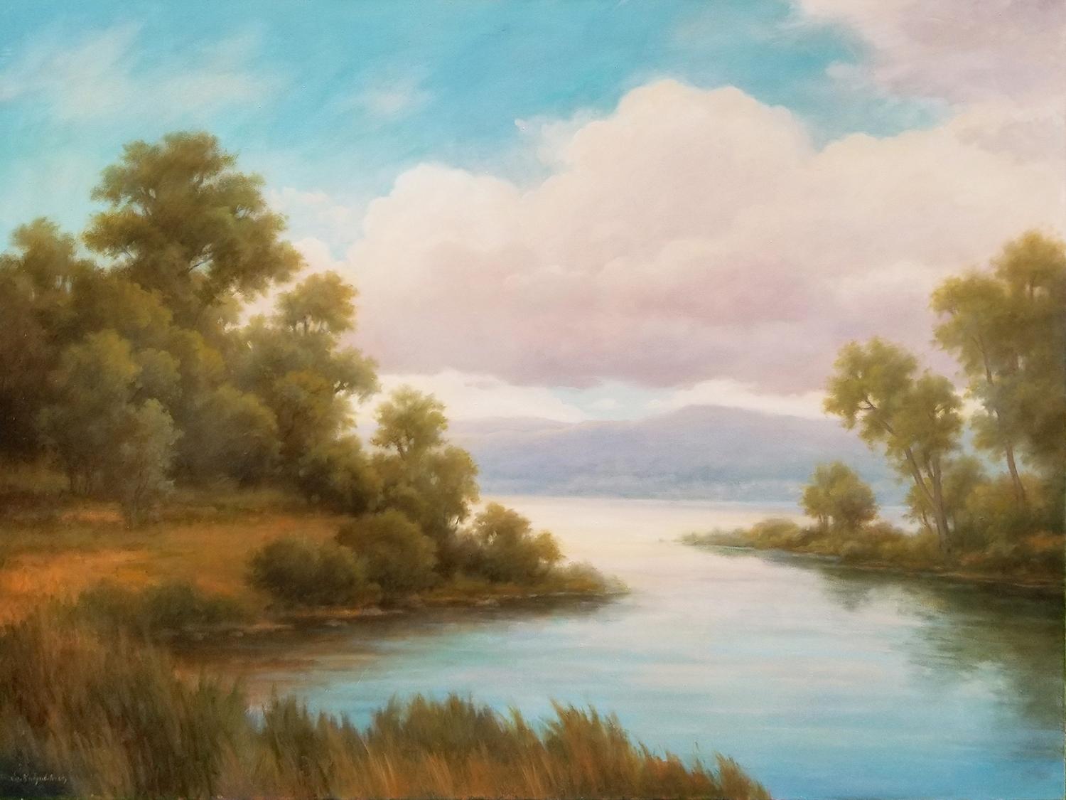 Landscape Painting Jane Bloodgood-Abrams - Creek Meets River : Hudson River School, peinture de paysage d'eau et de montagnes