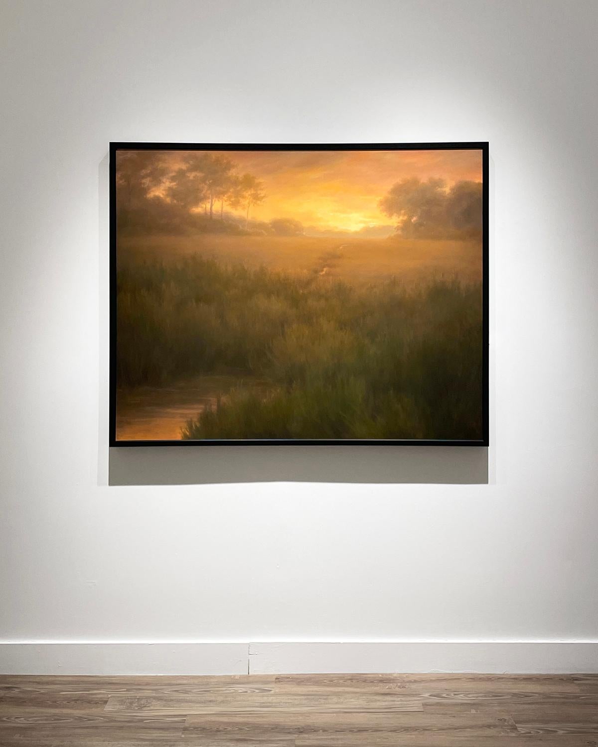 Evocation (Hudson River School Landscape Oil Painting of Sunset, Framed) - Brown Figurative Painting by Jane Bloodgood-Abrams