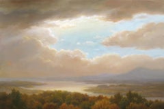 Paysage emblématique : Peinture de paysage de l'école de la rivière Hudson représentant une vallée montagneuse